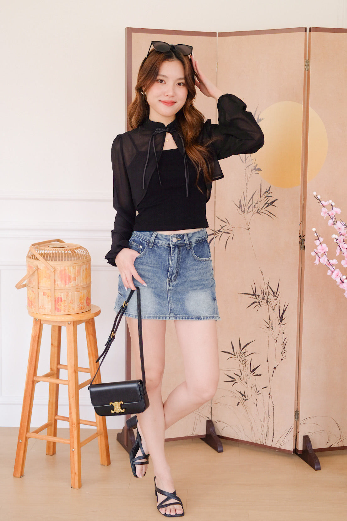 清 Qing 2 in 1 Long Sleeves Cheongsam Top (Black)