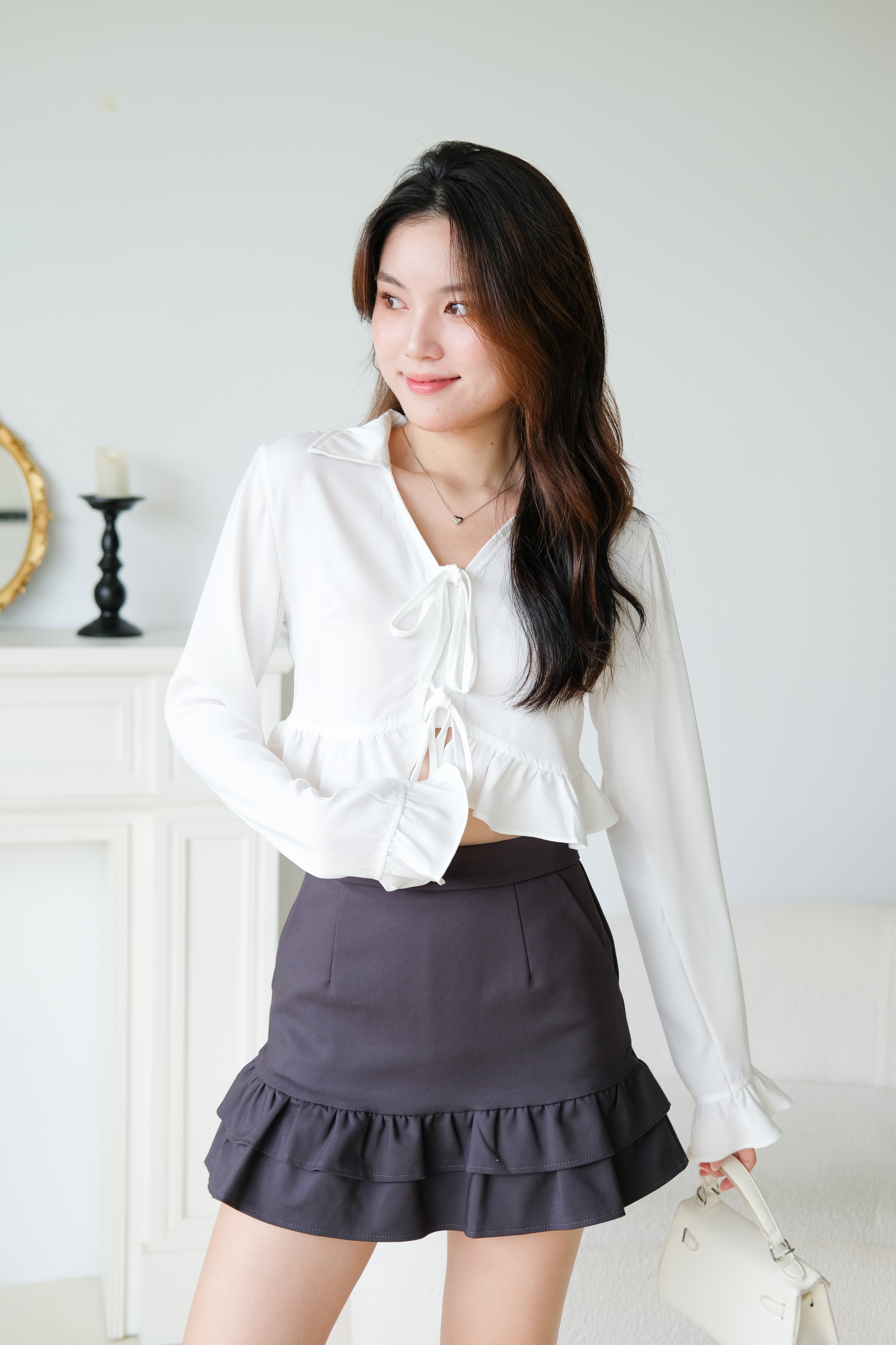 Nikki Ribbon Ruffle Sleeved Crop Top (White)