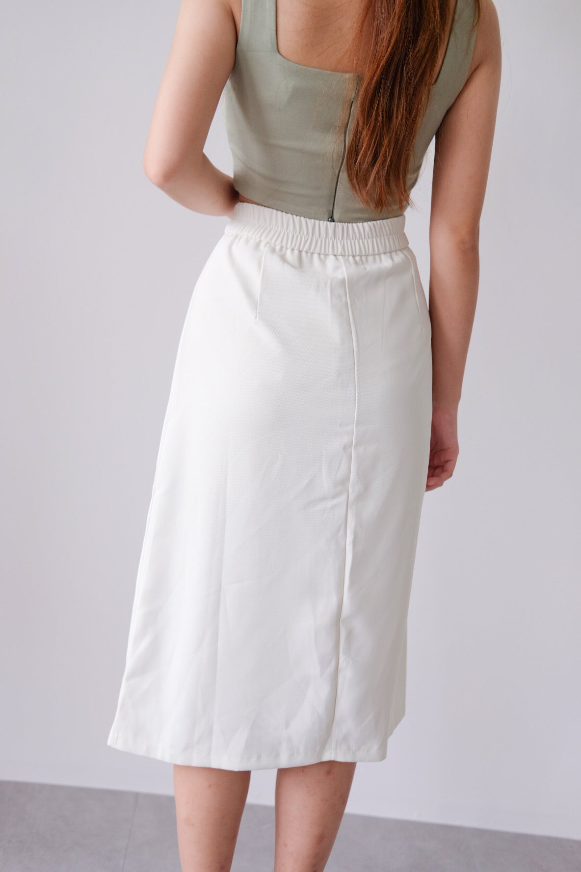 Cream Side Ruched Midi Skirt