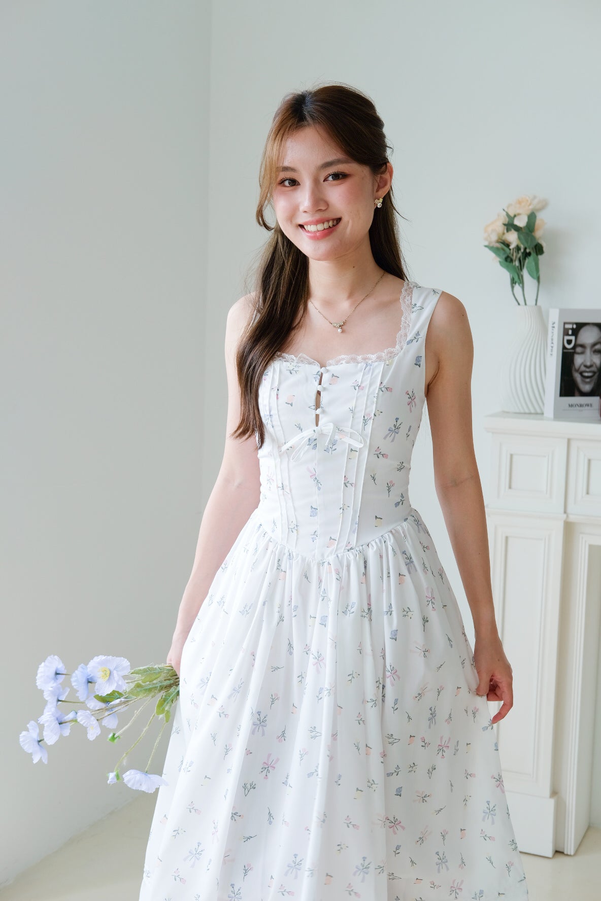 Hallie Floral Lace Corset Maxi Dress (White)