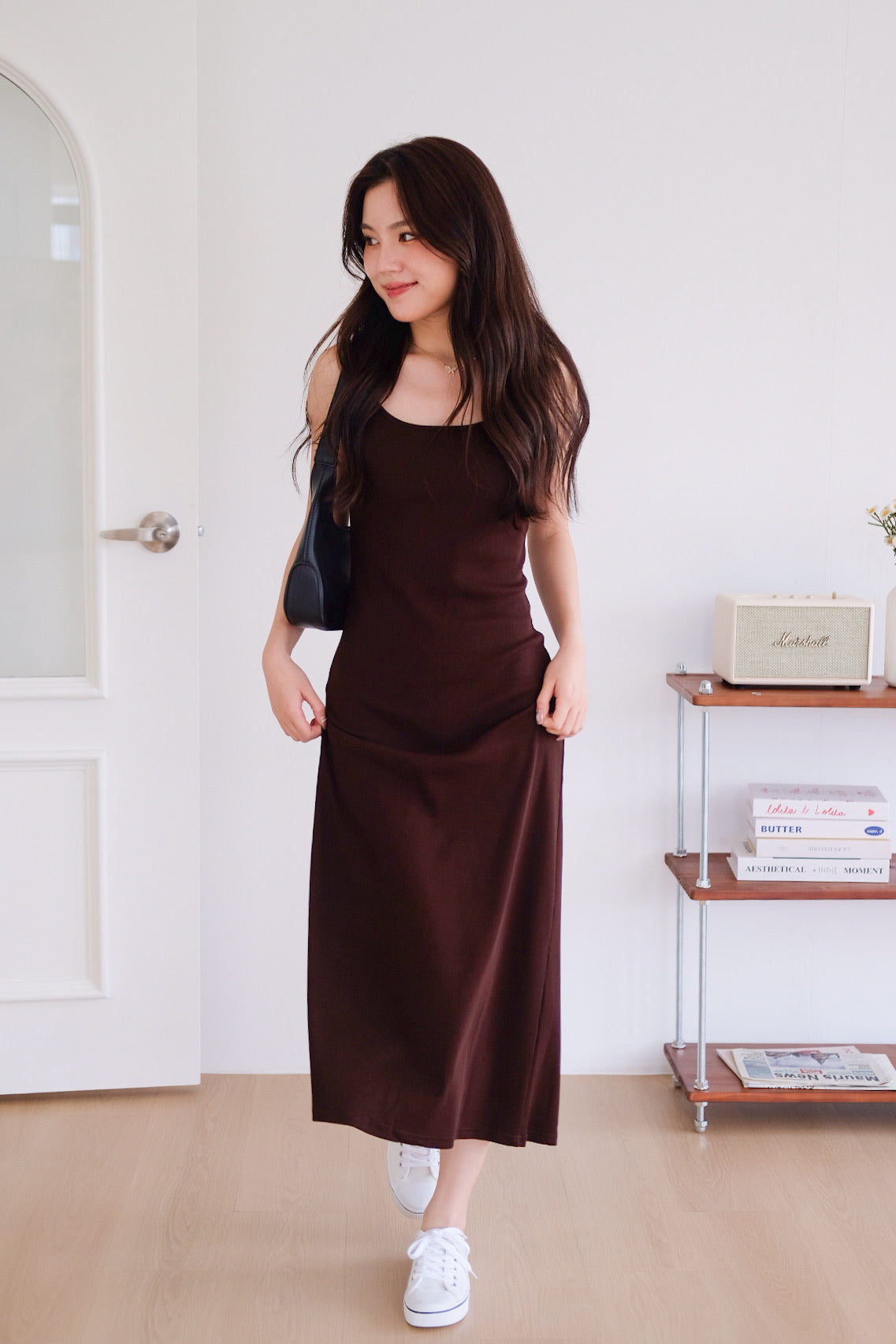 Jocelyn Padded Ribbed A Line Dress (Espresso Brown)