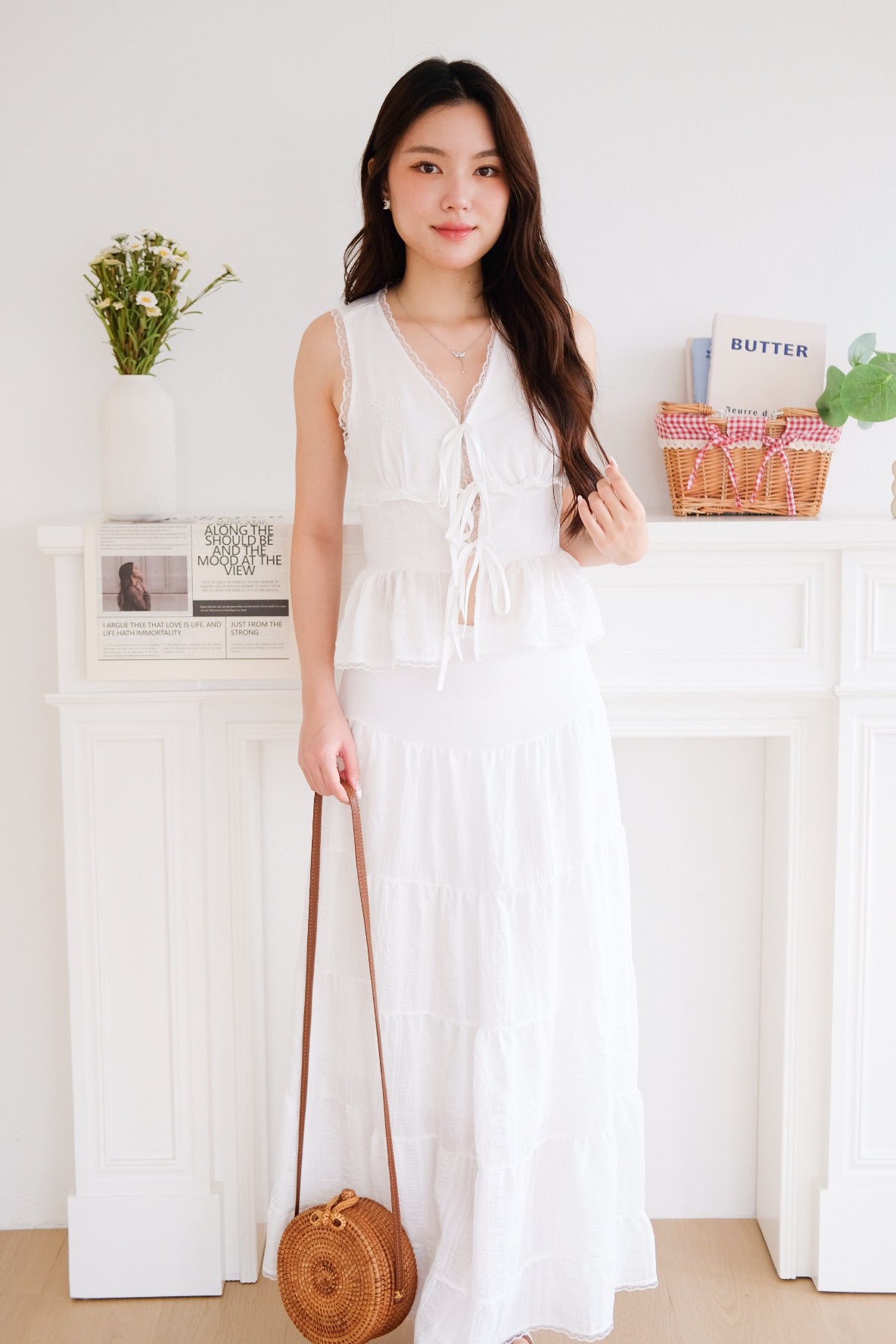 Yanice Ruffle Ribbon Vest Top (White)