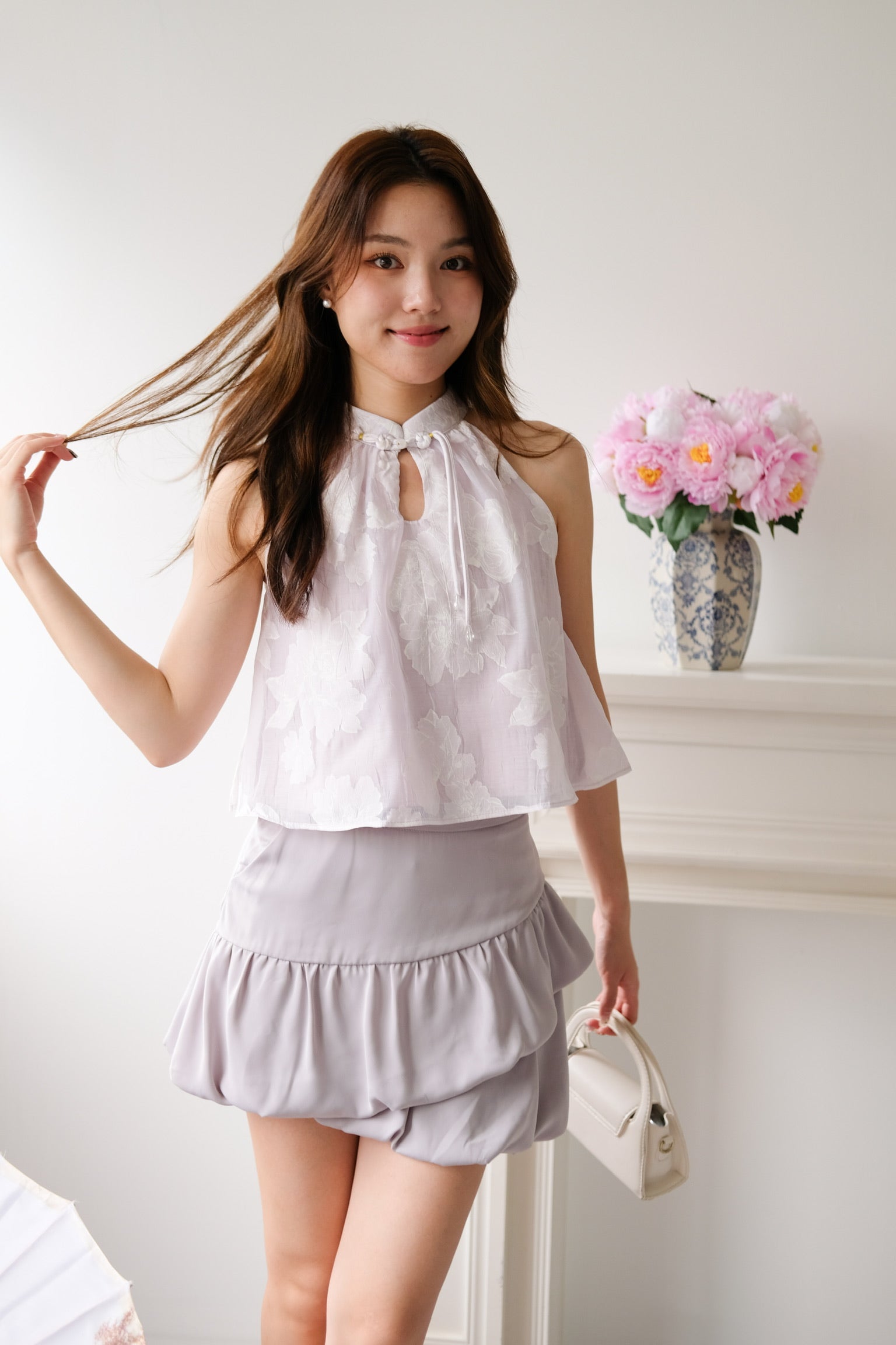 Chu Ran Floral Organza Cheongsam Top (Light Purple)
