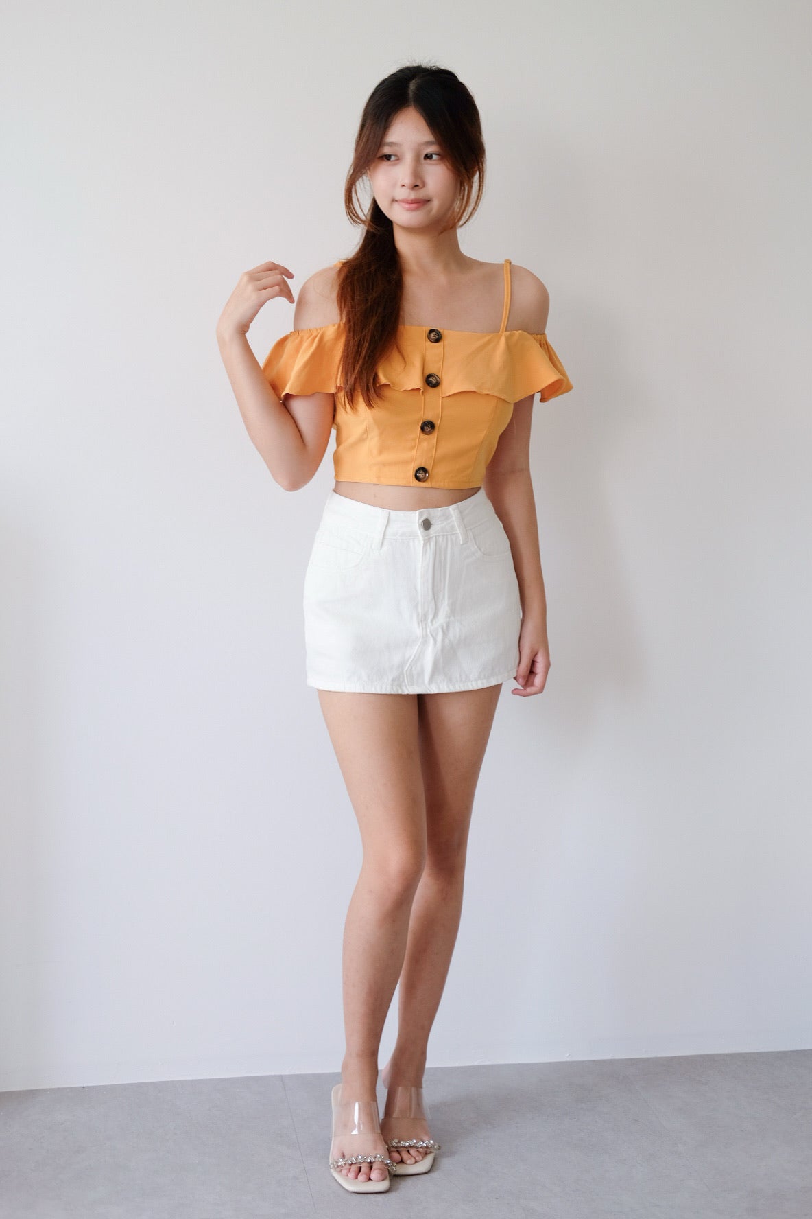 Orange Ruffle Strap Off-Shoulder Top