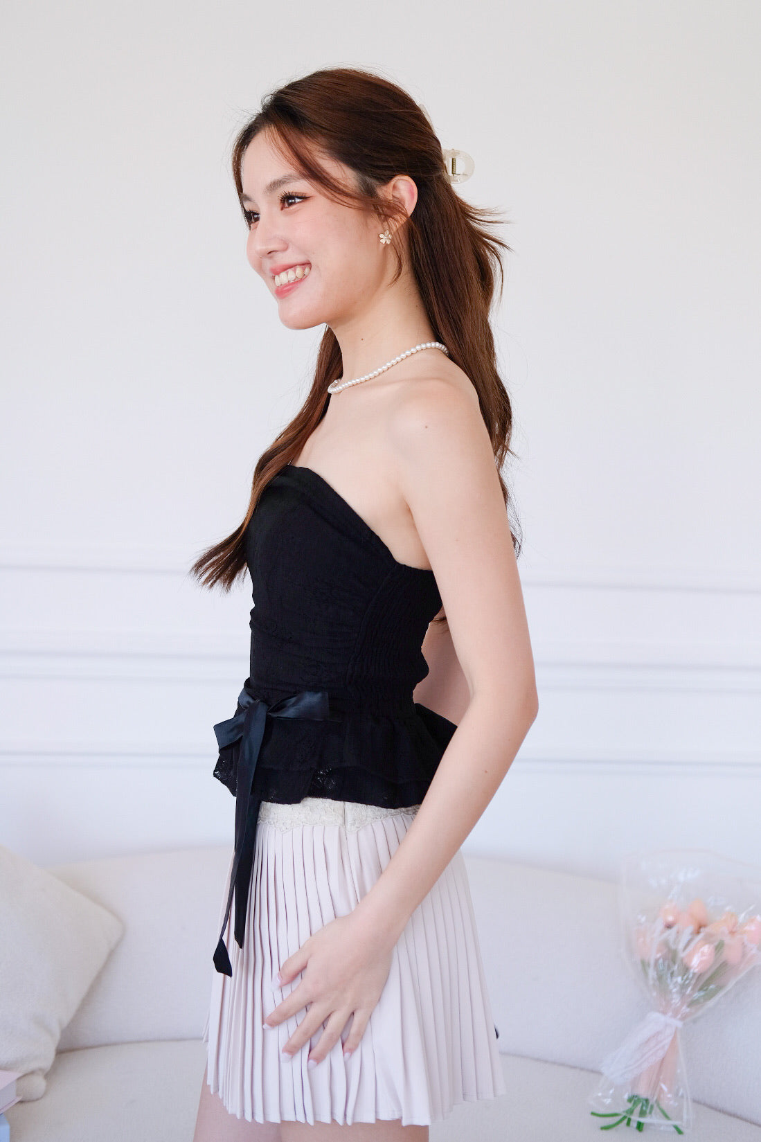 Cora Brocade Ribbon Tube Top (Black)