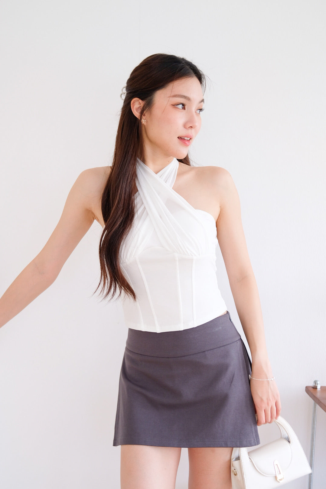 Siren Padded Halter Self Tie Top (White)