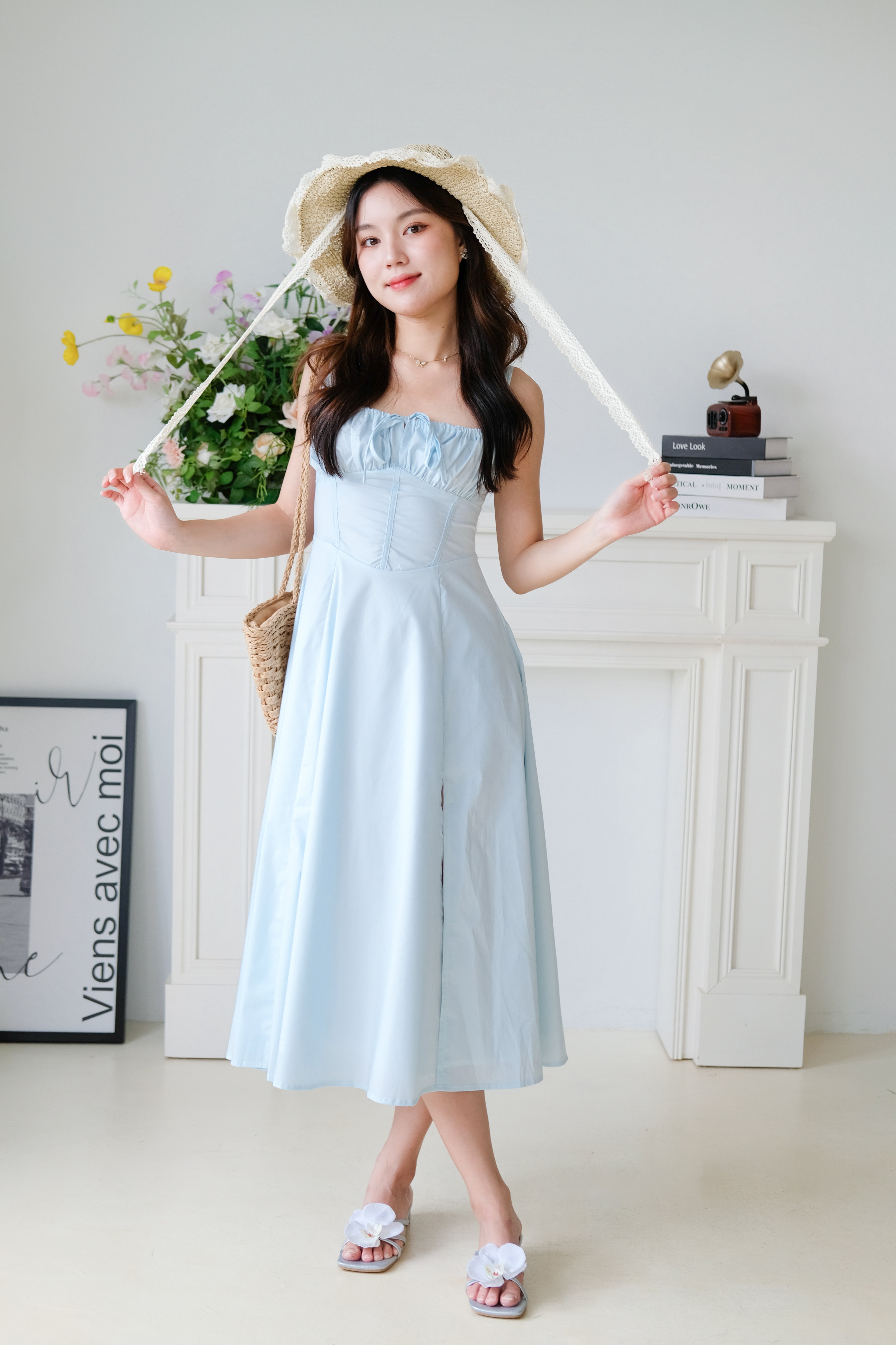 Claire Ruched Slit Maxi Dress (Sky Blue)