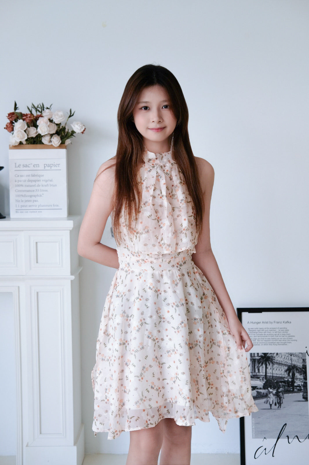 Peach Blossom Floral Halter Bareback Dress