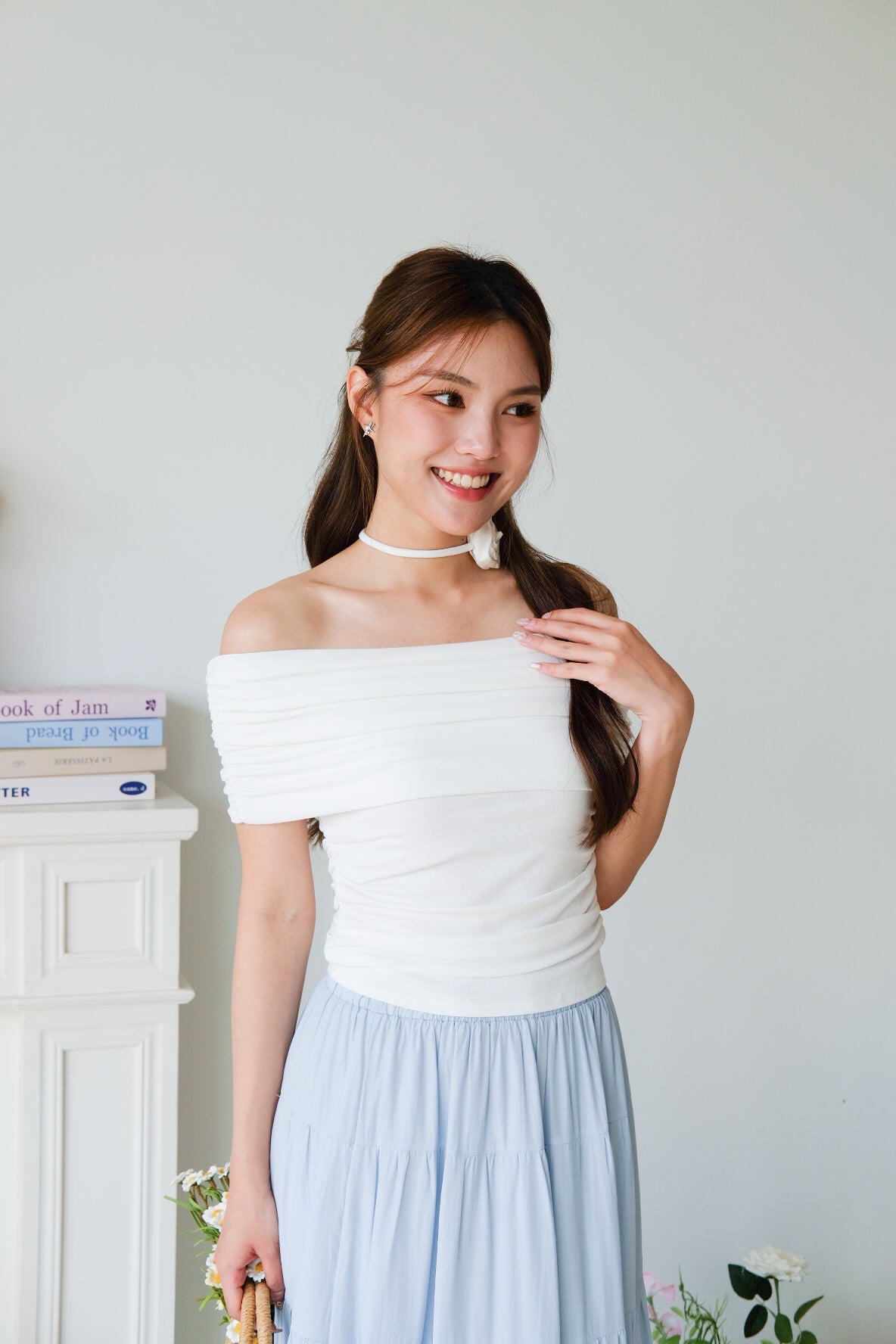 Deena Off Shoulder Stretchy Top (White)