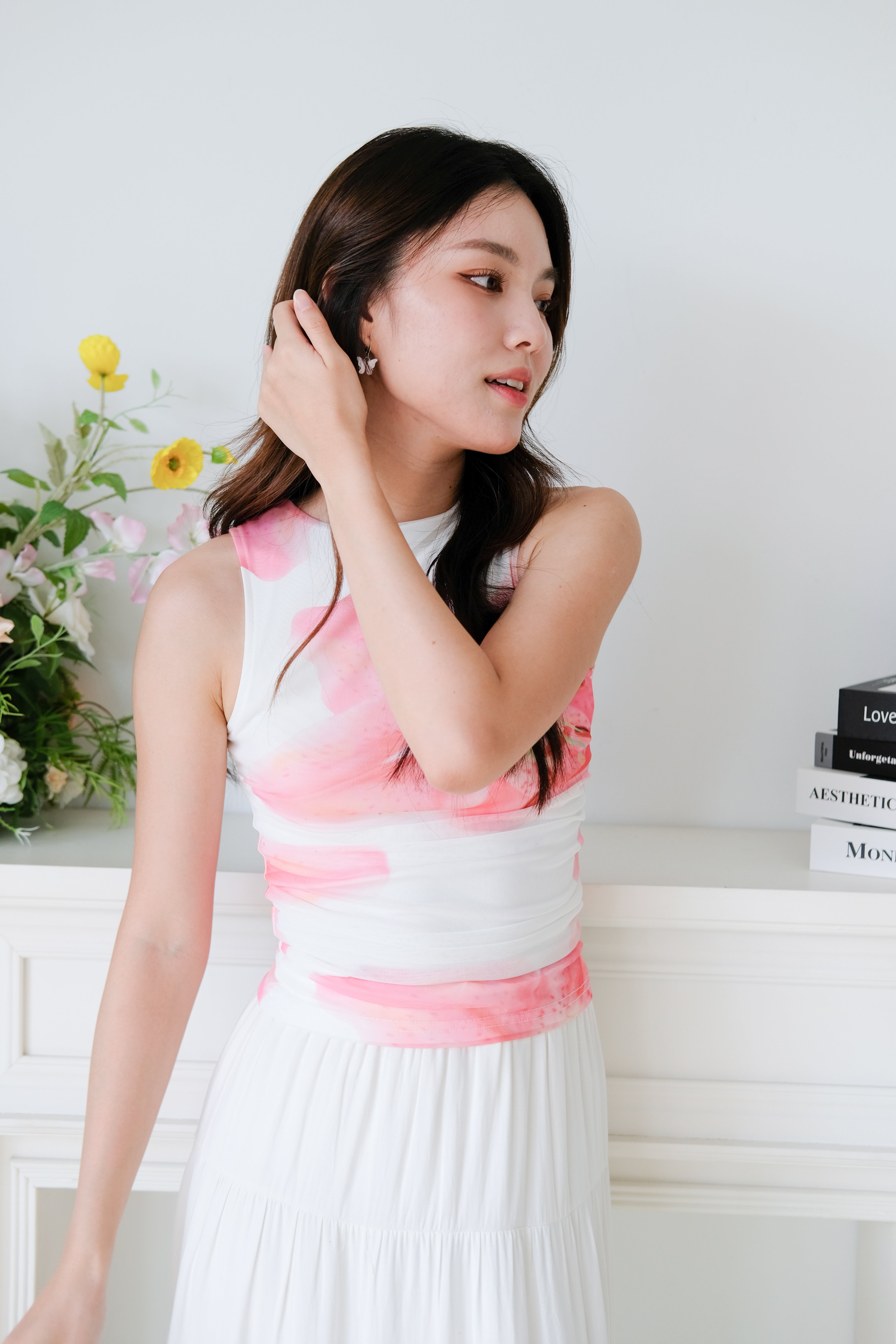 Lilo Abstract Floral Mesh Top (Pink Flower)