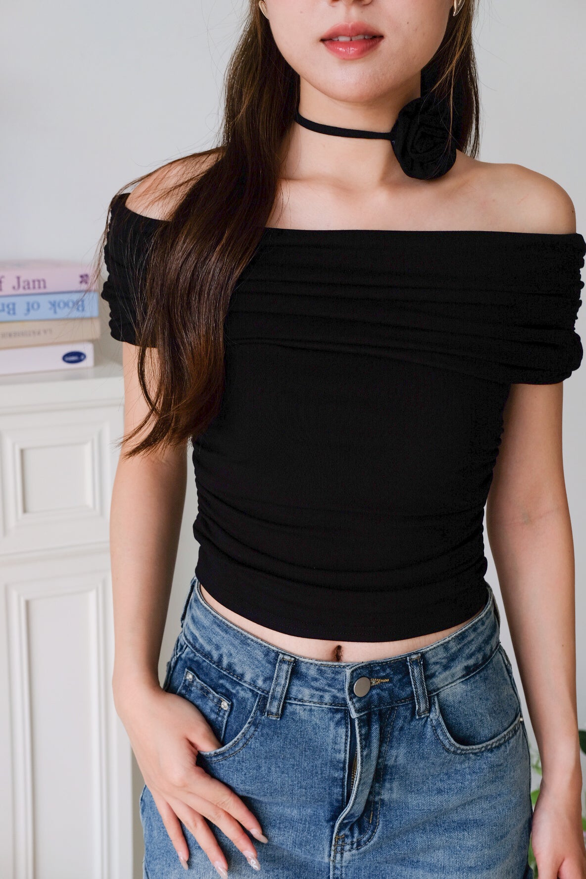 Deena Off Shoulder Stretchy Top (Black)