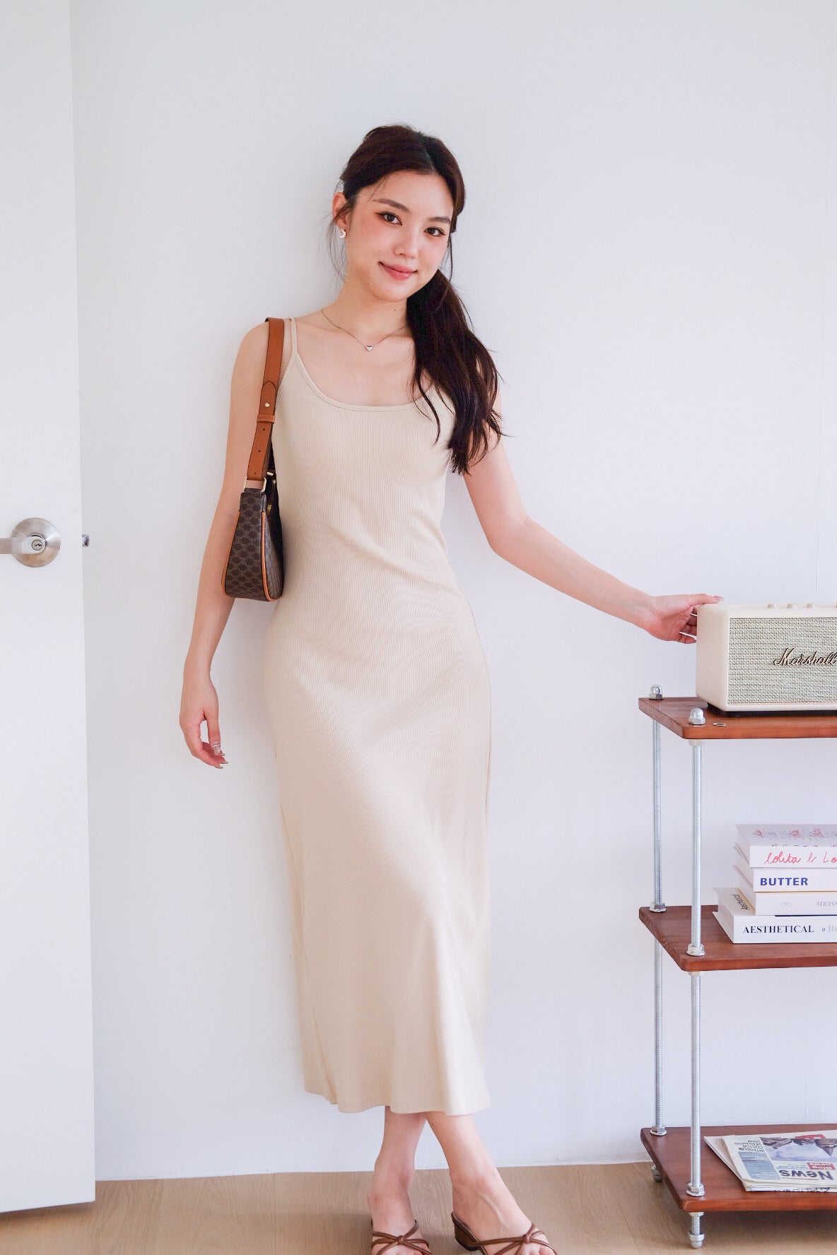 Jocelyn Padded Ribbed A Line Dress (Oat Beige)