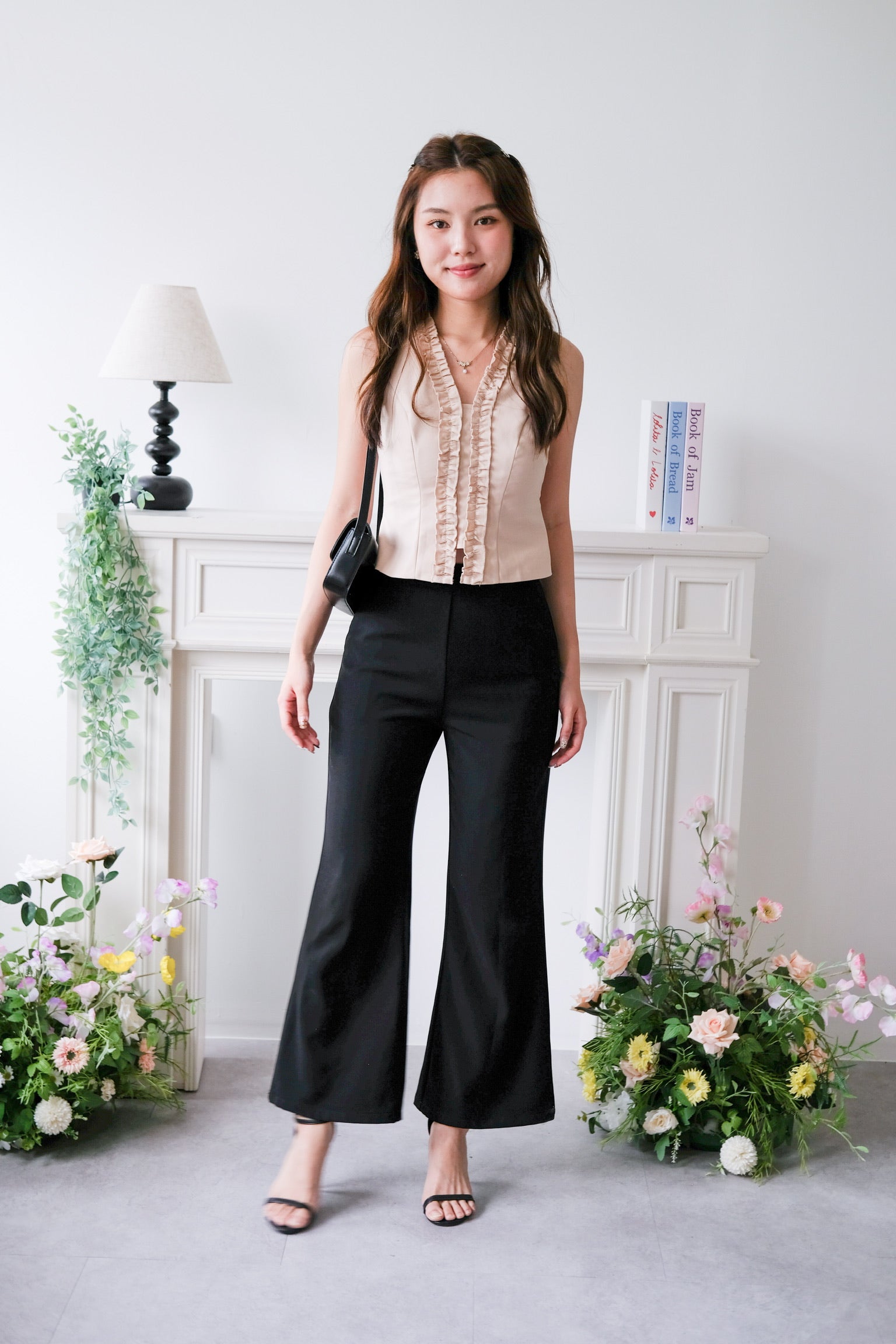 Evangeline Frills V Neck Top (Beige)