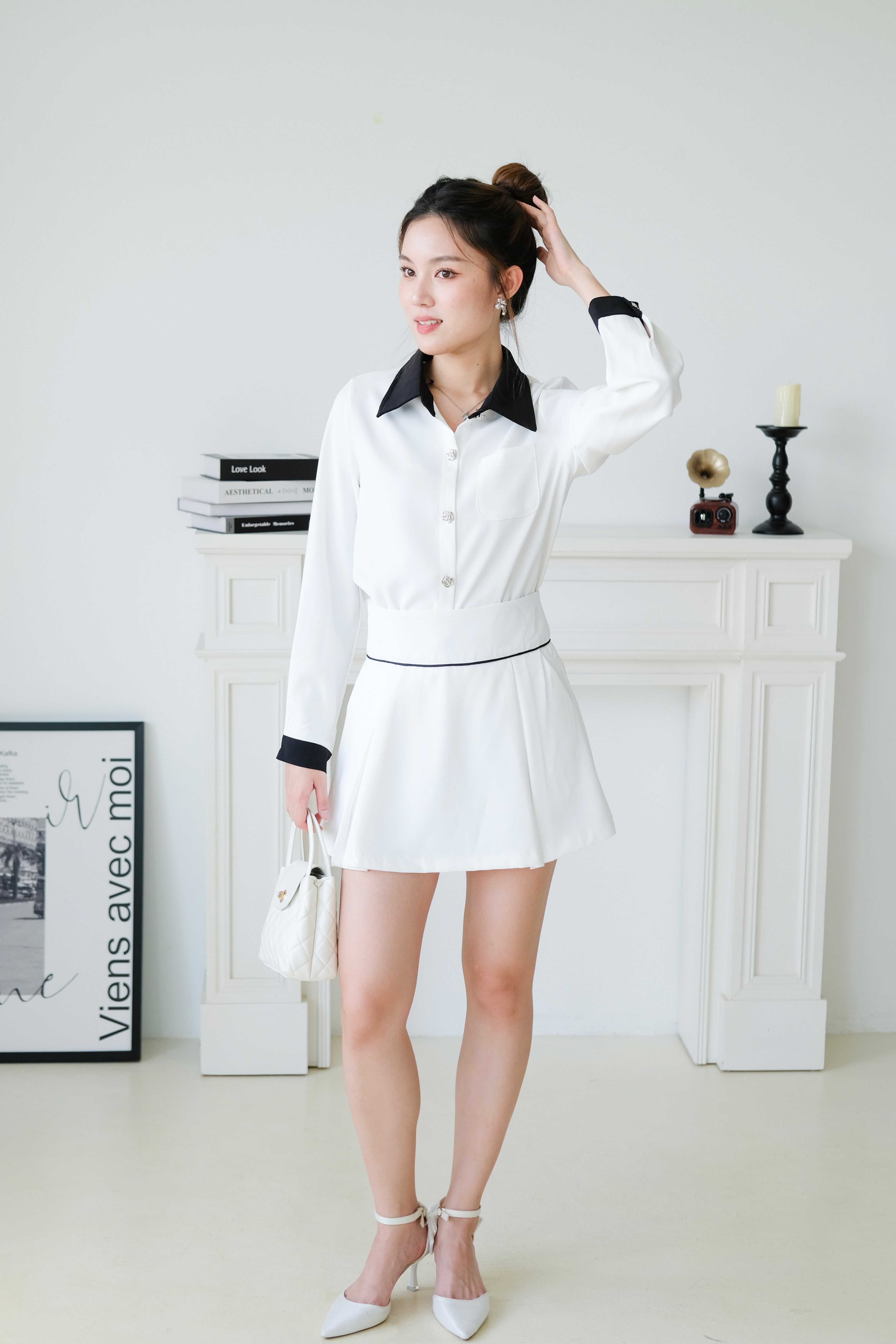 Colette Contrast Collared Casual Set (White)