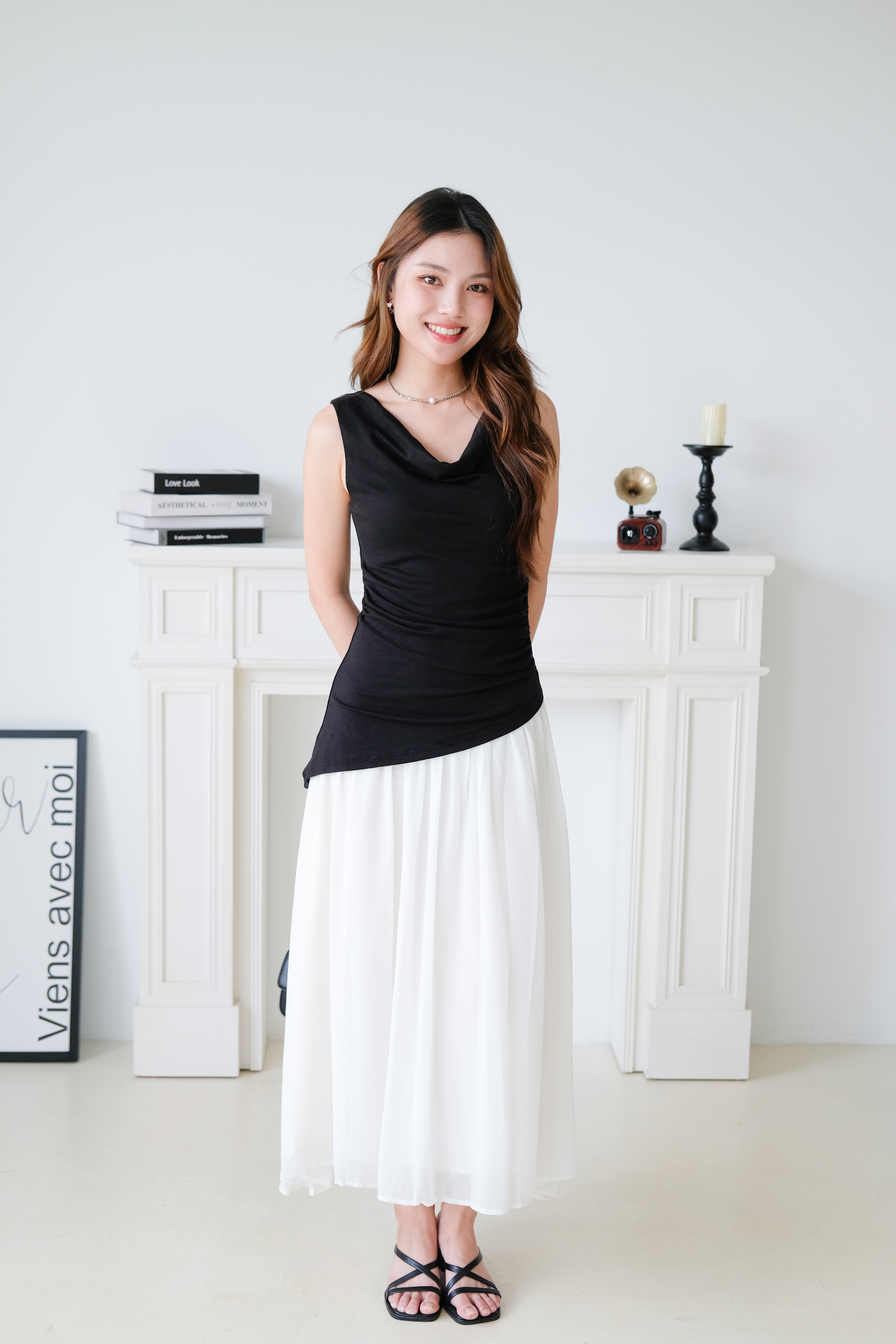 Soleil Contrast Asymmetrical Dress (Black)