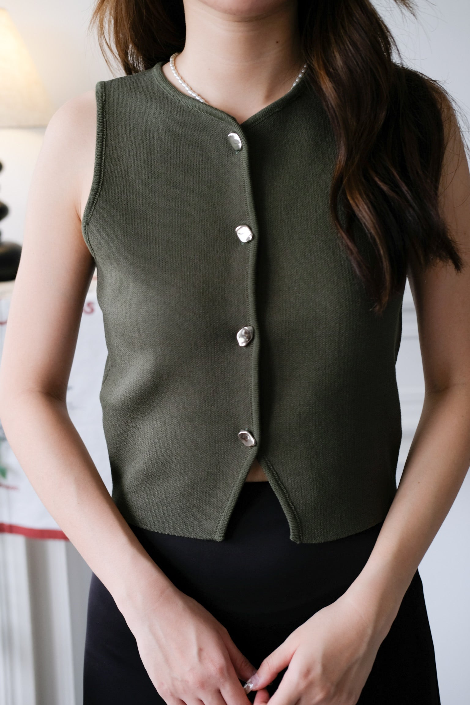 Zola Button Vest Top (Olive Green)
