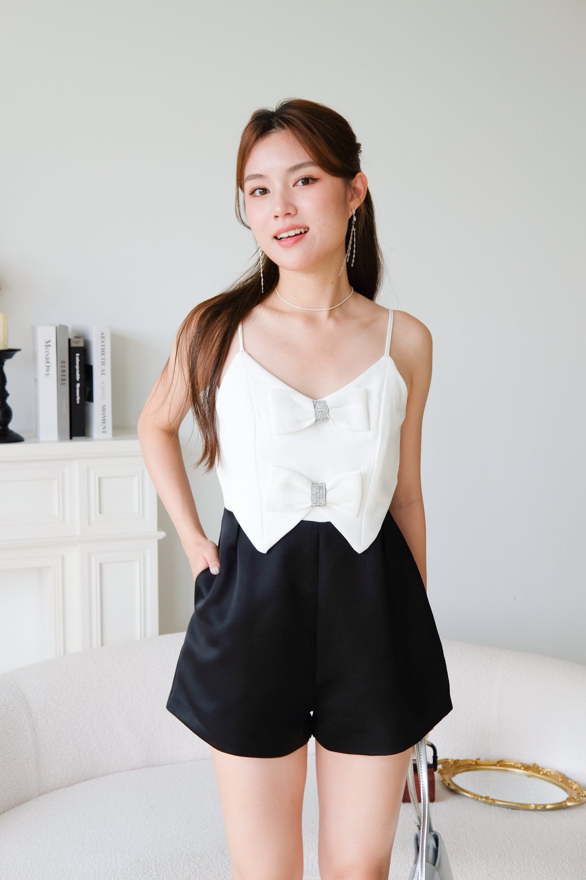 Mae V Neck Ribbon Romper (White)