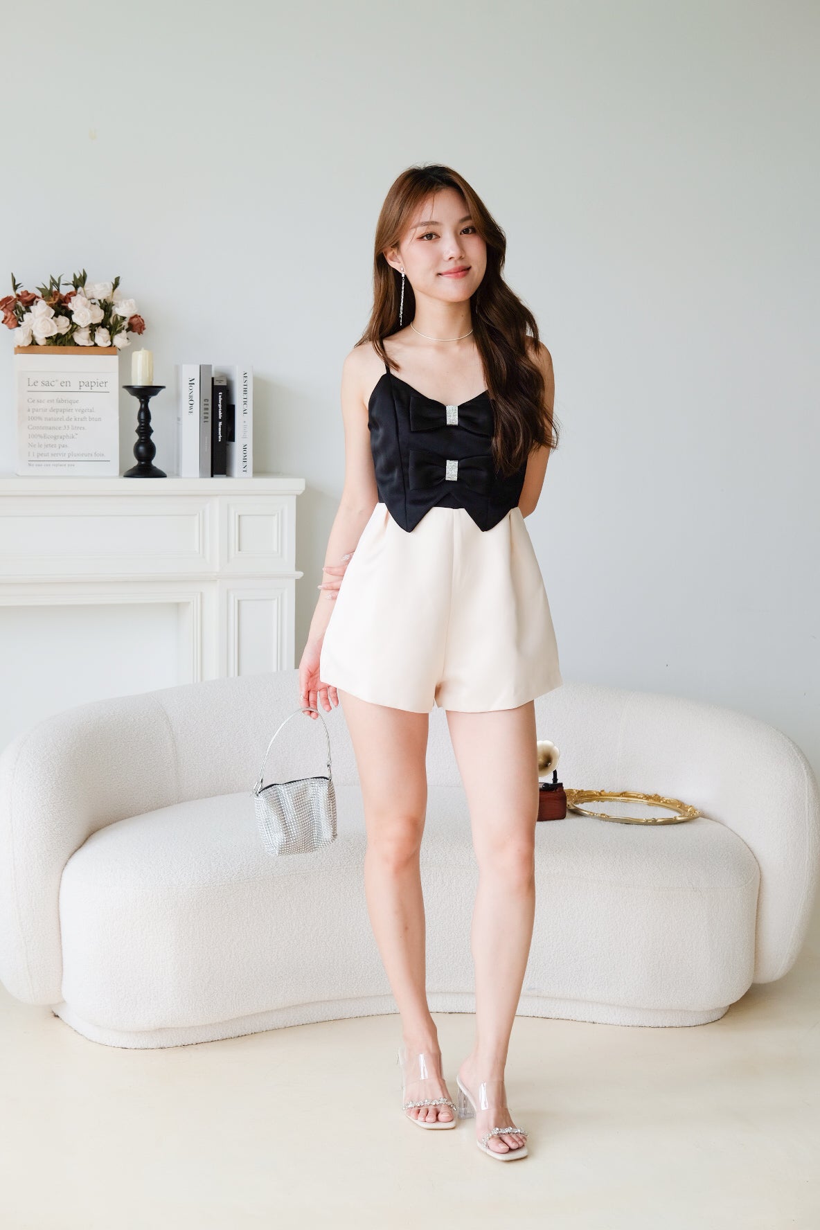 Mae V Neck Ribbon Romper (Black)