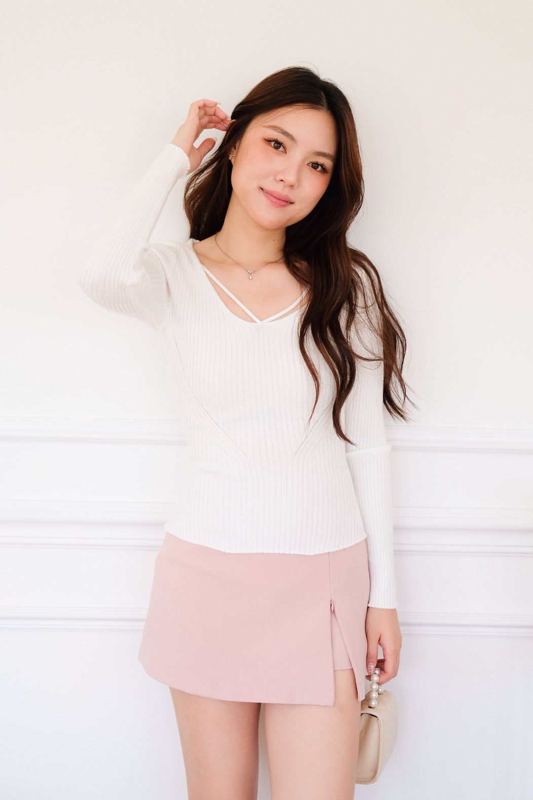 Tristan V Line Sculpted Long Sleeves Top (White)