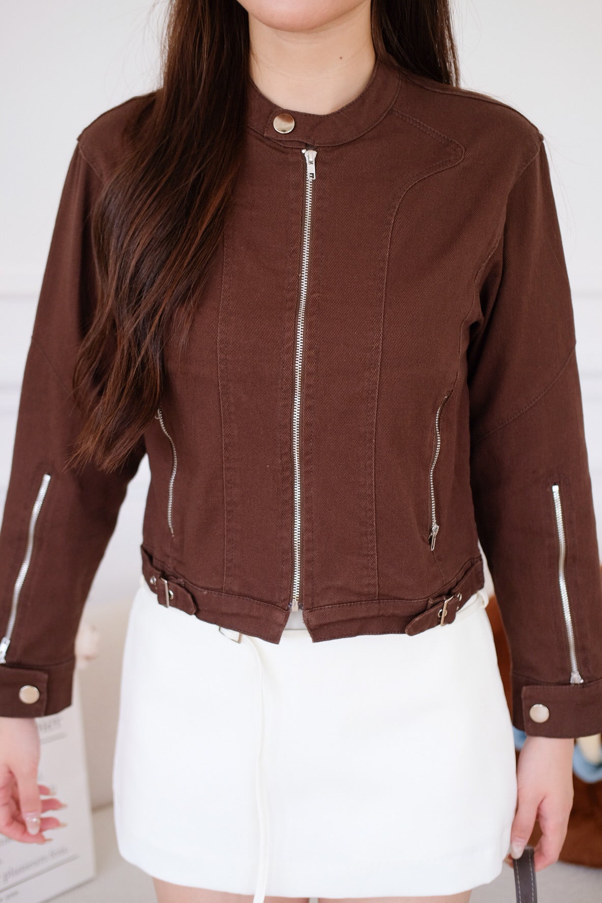 Maren Zip Cropped Denim Jacket (Mocha)