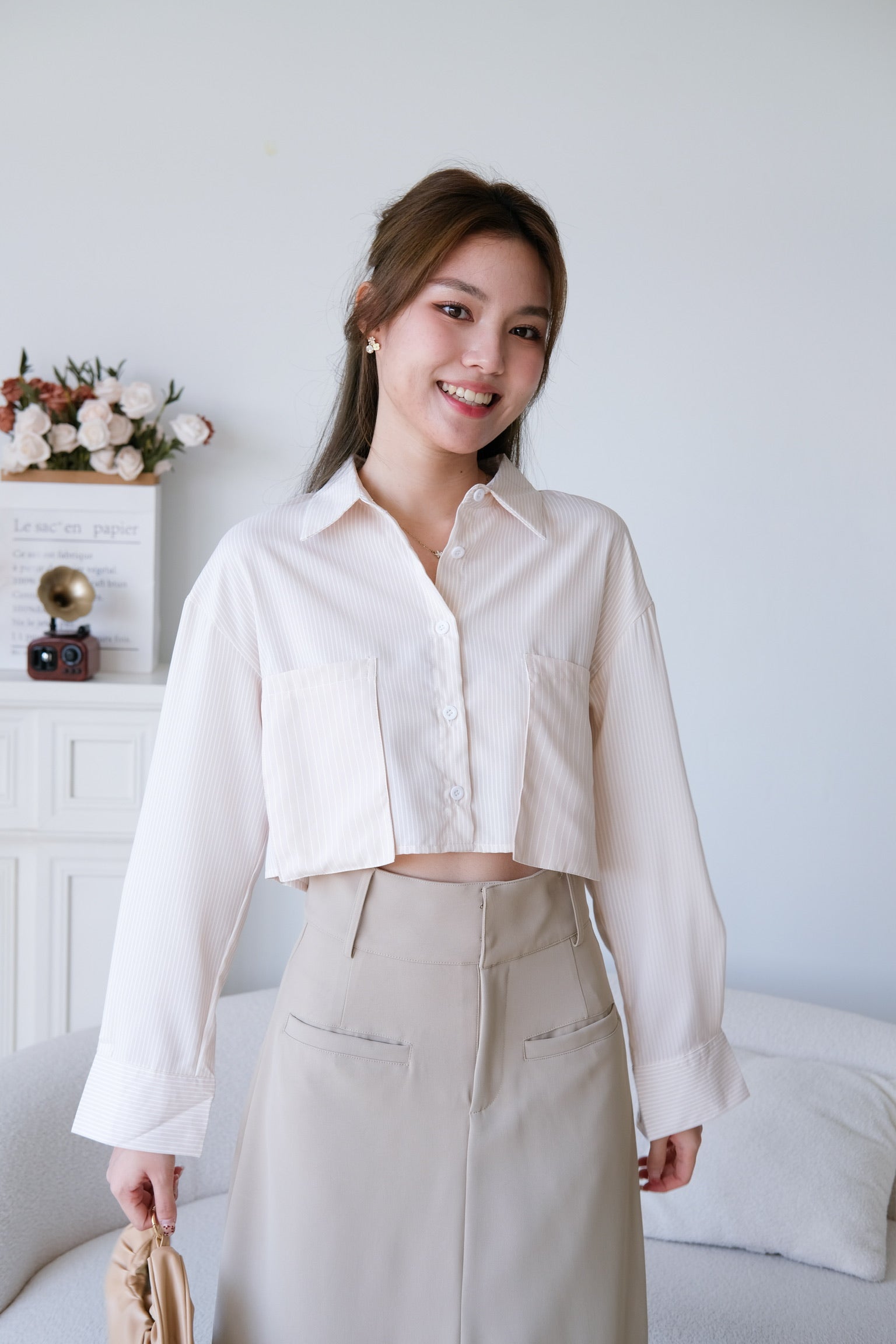 Rora Oversized Stripes Cropped Blouse (Beige)
