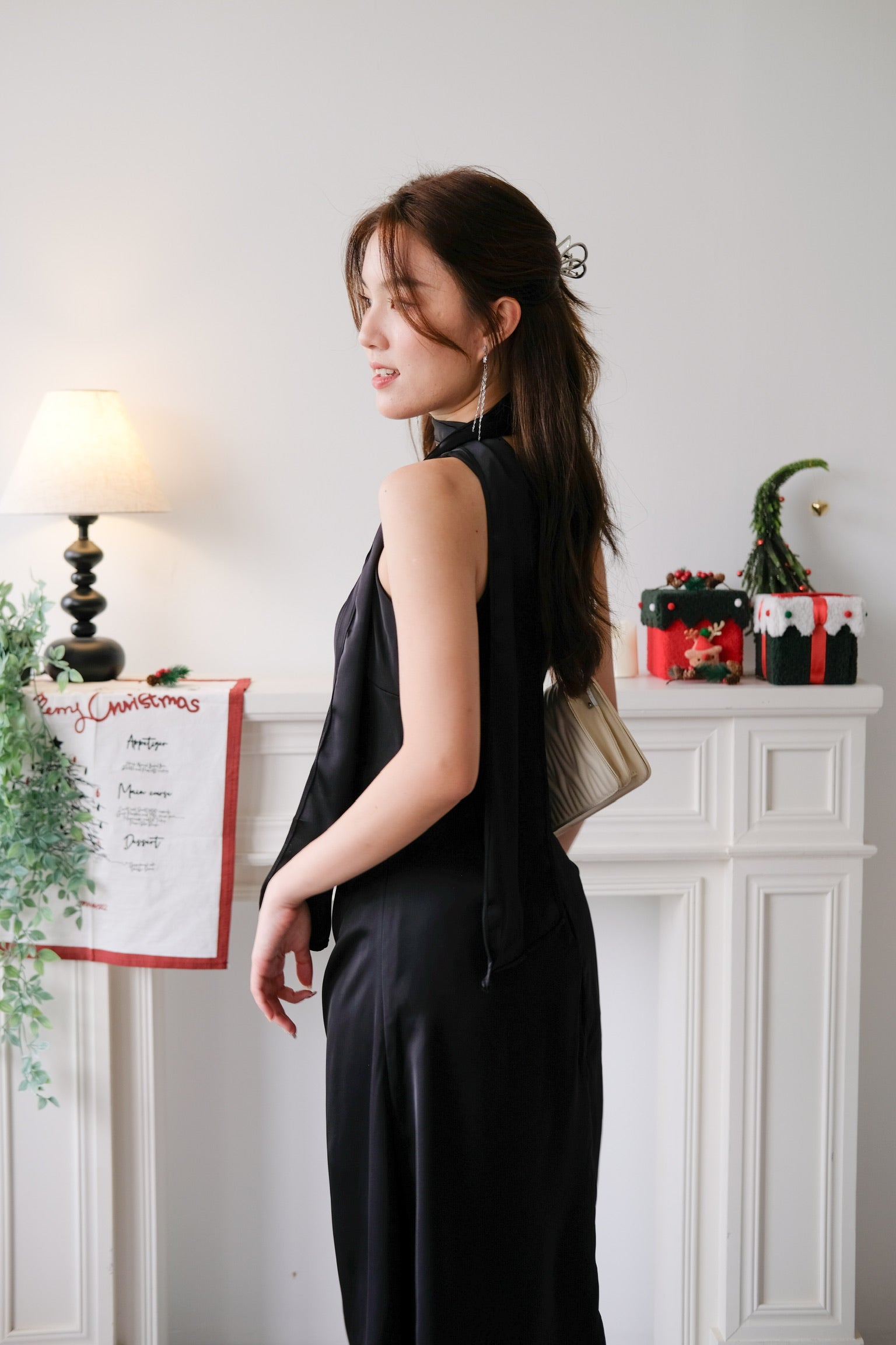 Caelyn Satin Toga Dinner Dress (Black)