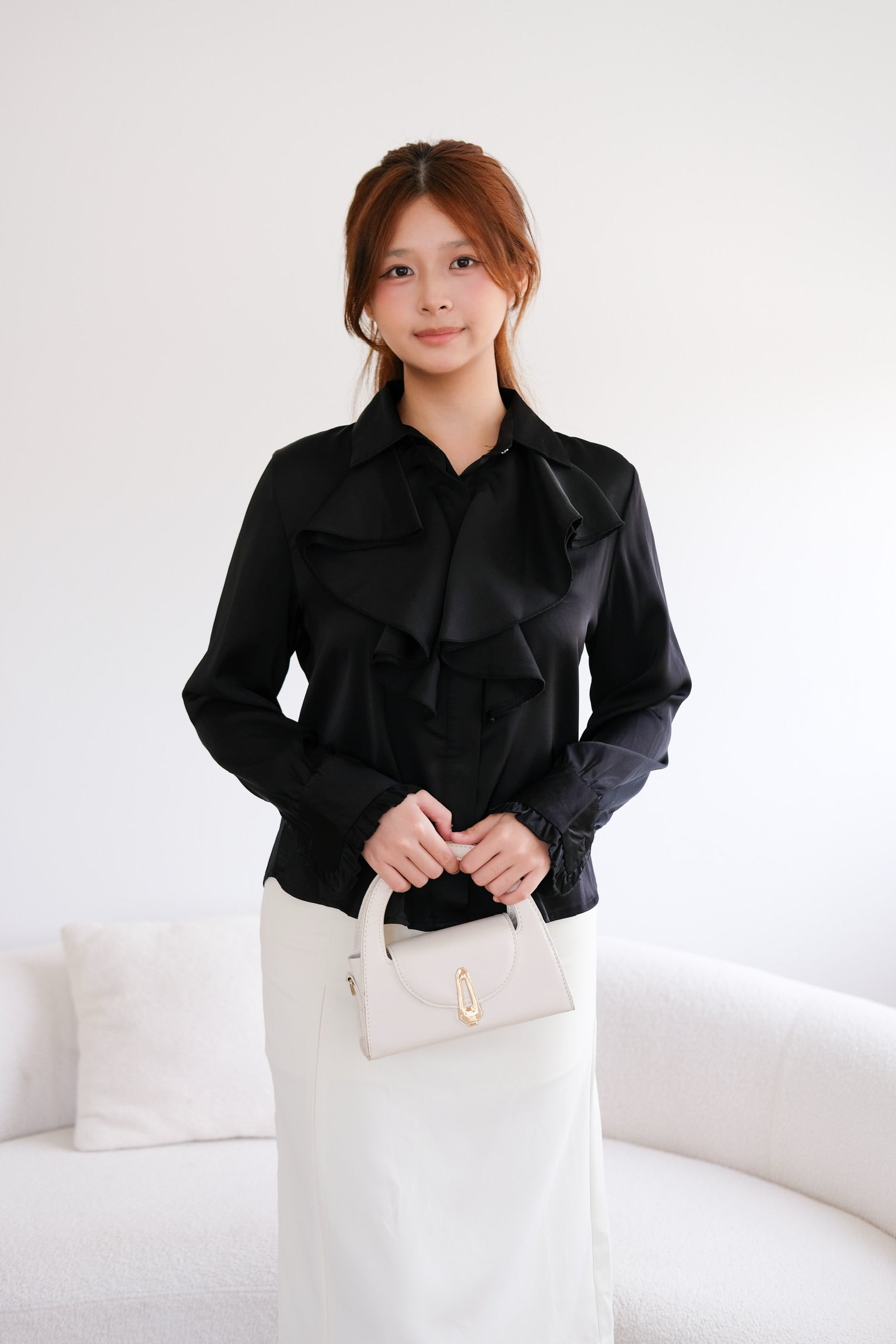 Satin Ruffle Buttons Collared Top (Black)