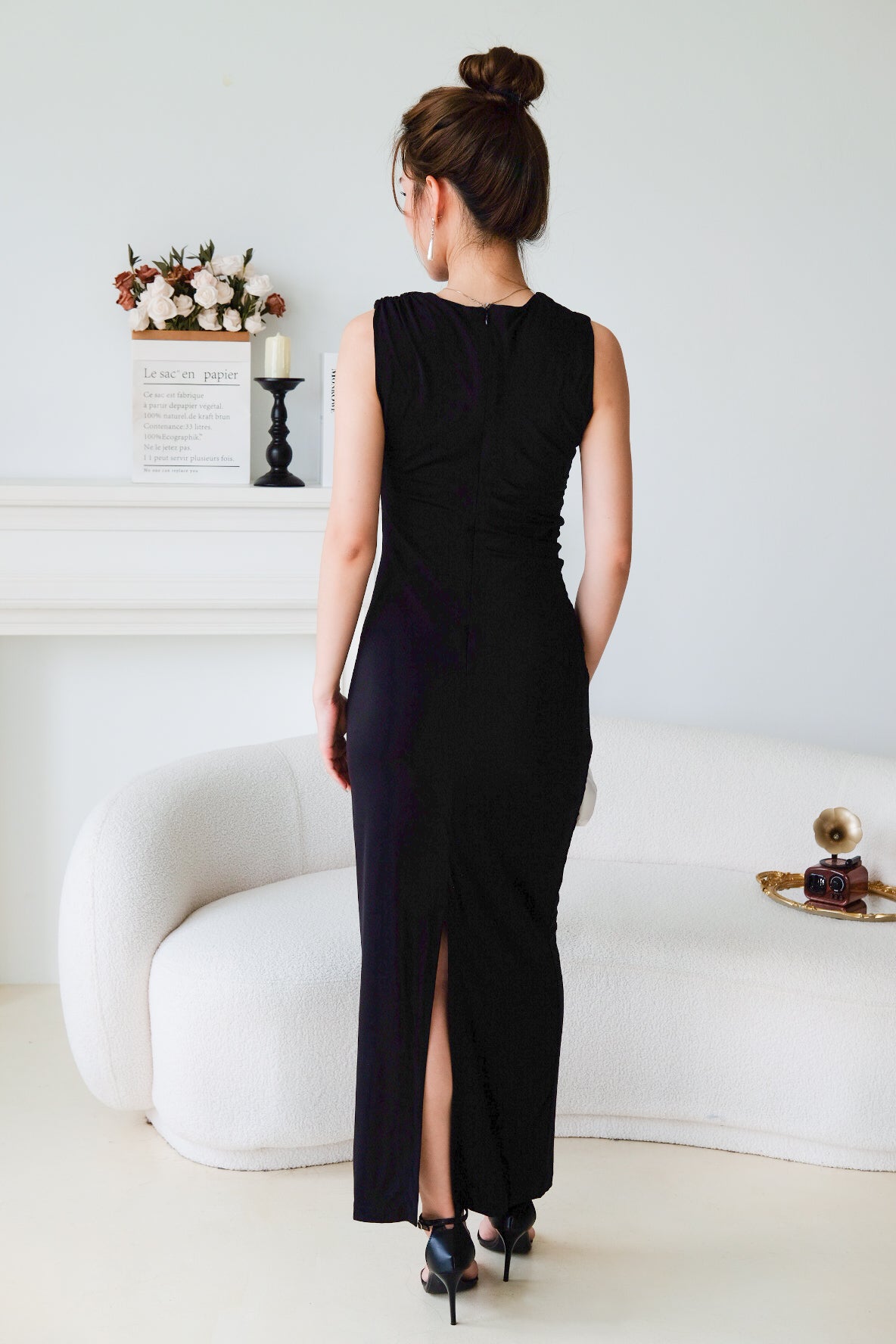 Paisley Ruched Jewel Bodycon Dress (Black)