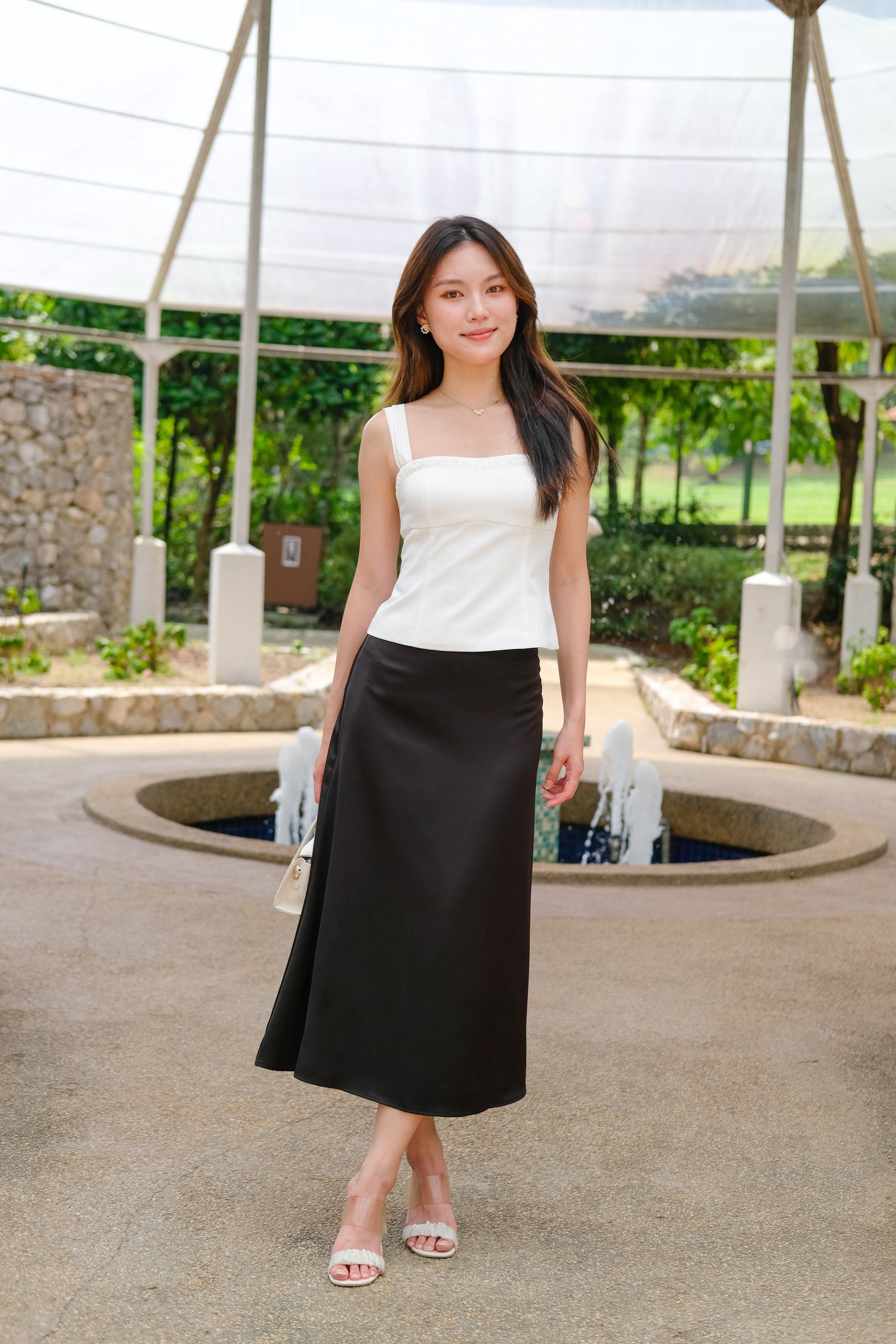 Luna Satin Midi Skirt (Black)