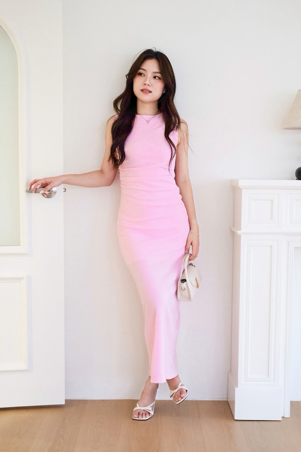 Brianna Ruched Jewel Bodycon Maxi Dress (Bright Pink)