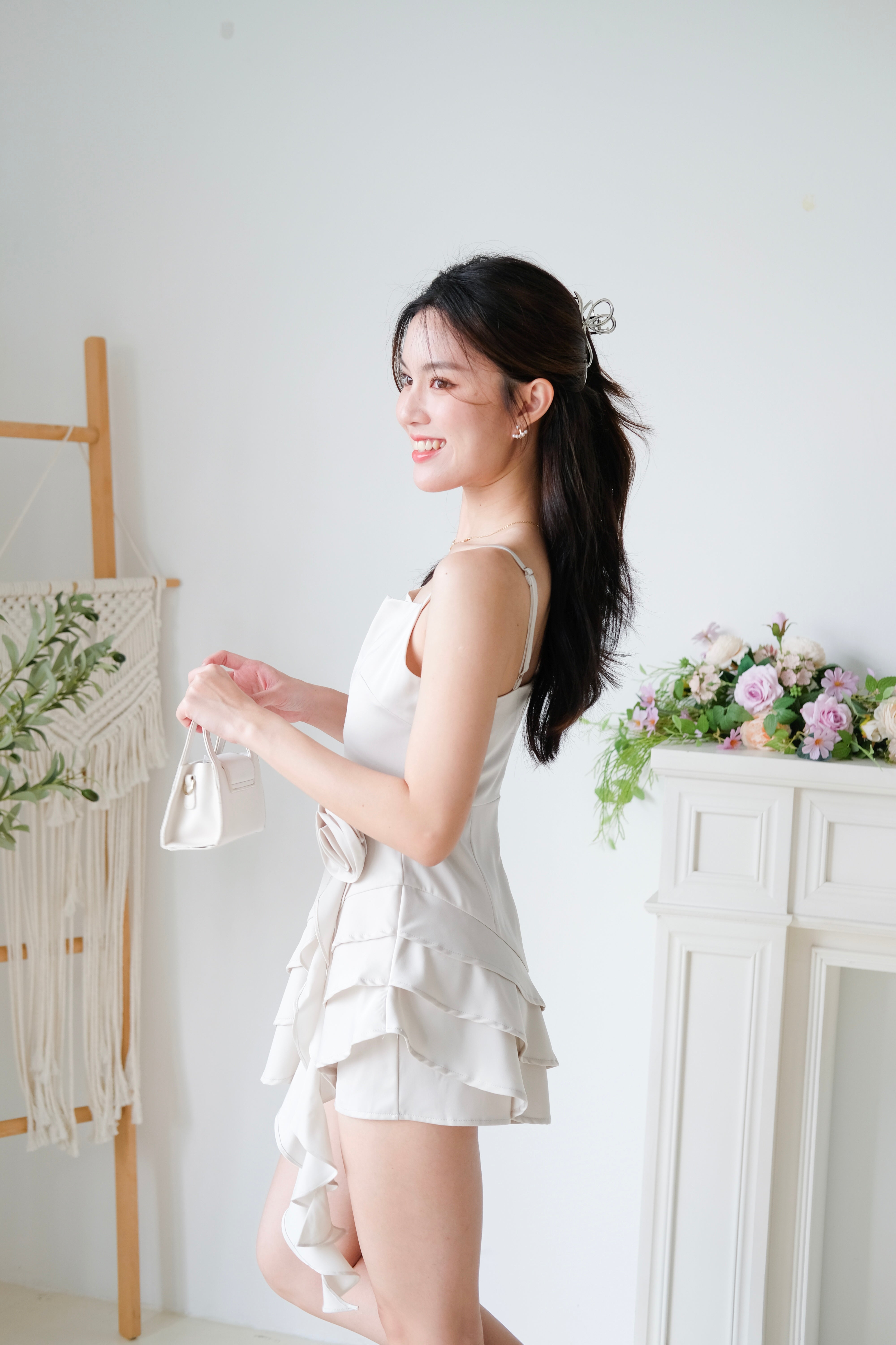 Dewy Satin Ruffle Dress (Champagne)