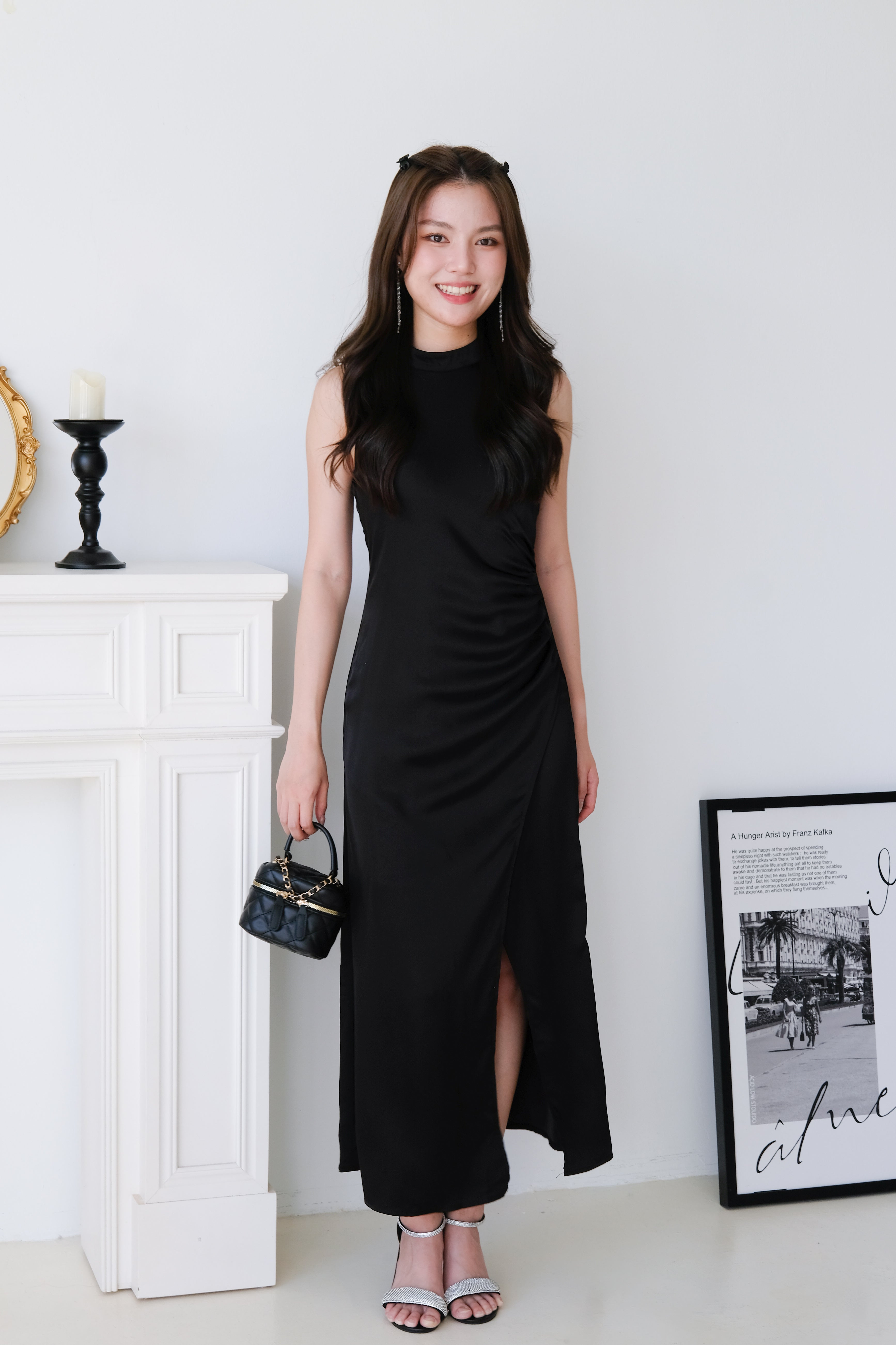 Elyanne Halter Satin Slit Maxi Dress (Black)