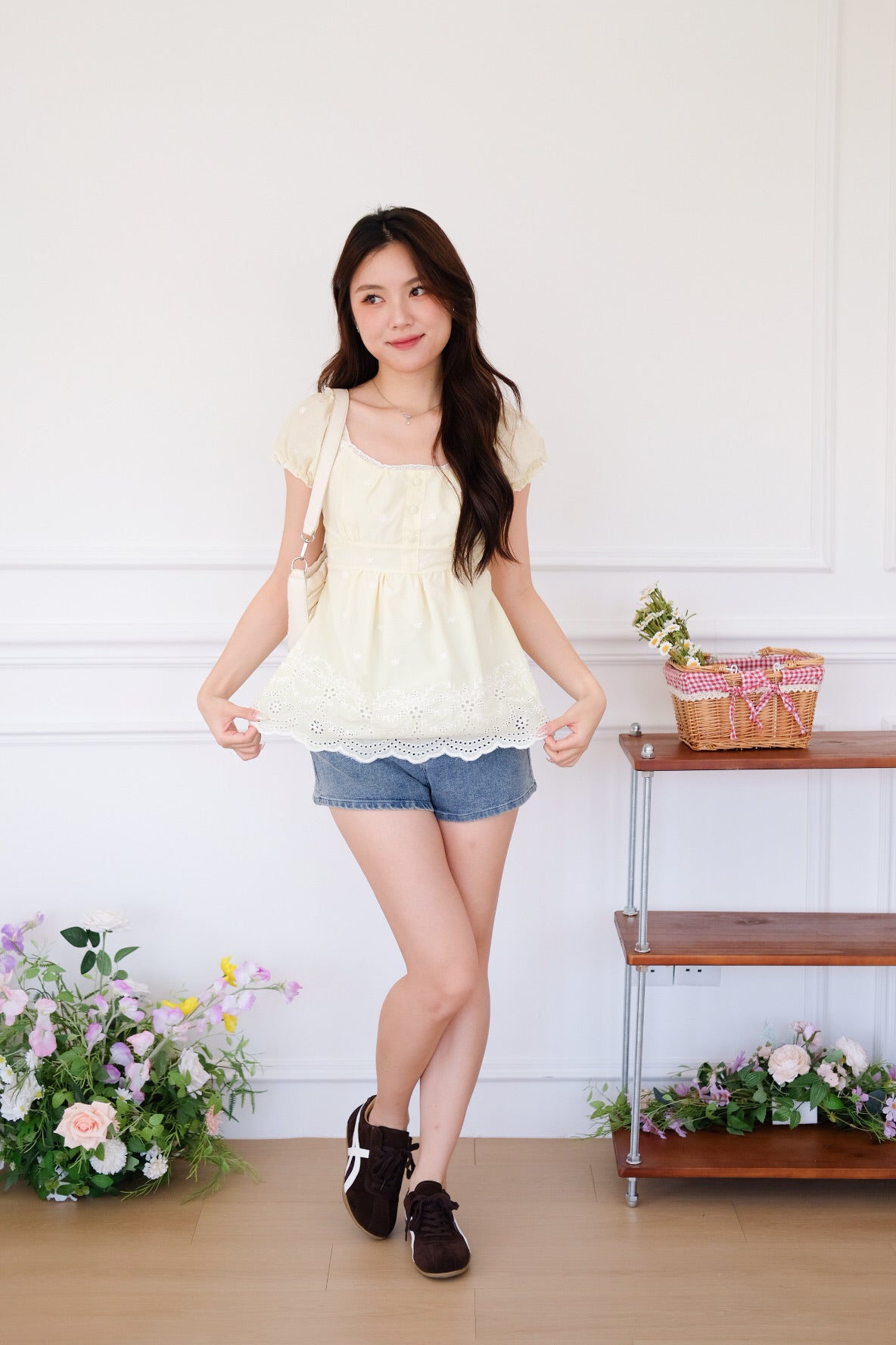Kylin Eyelet Ruched Peplum Top (Sunshine Yellow)