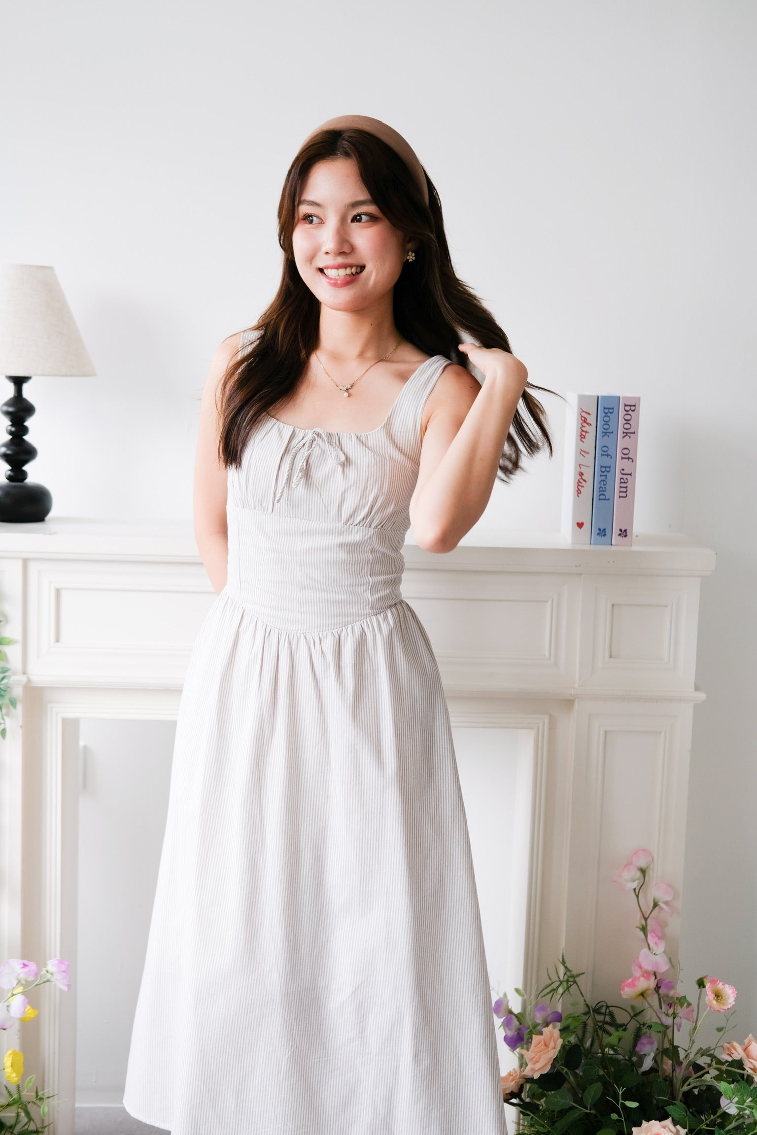 Carmie Thick Waist Midi Dress (Beige Stripes)