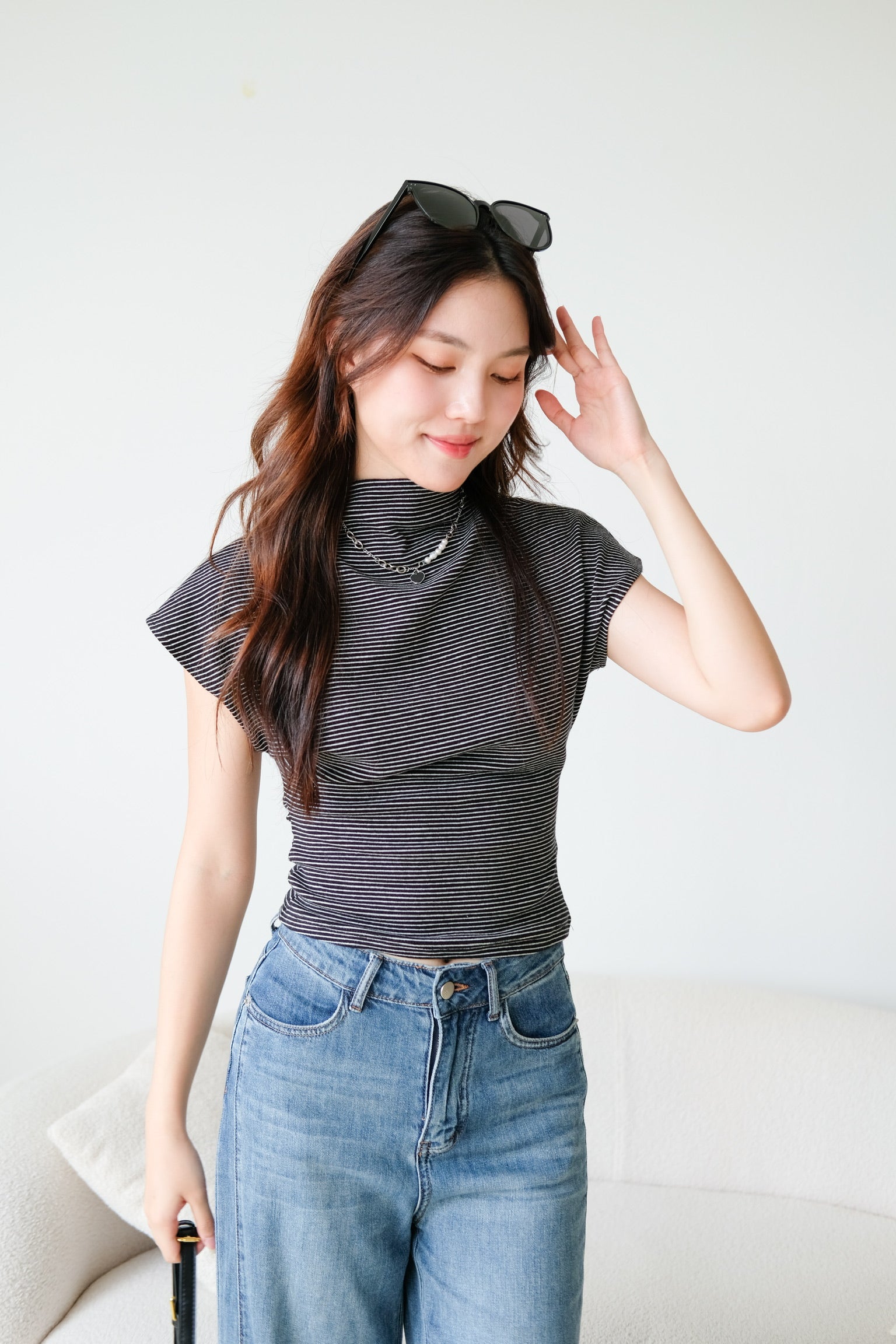 Lucca Batwing High Neck Shirt (Black Stripes)