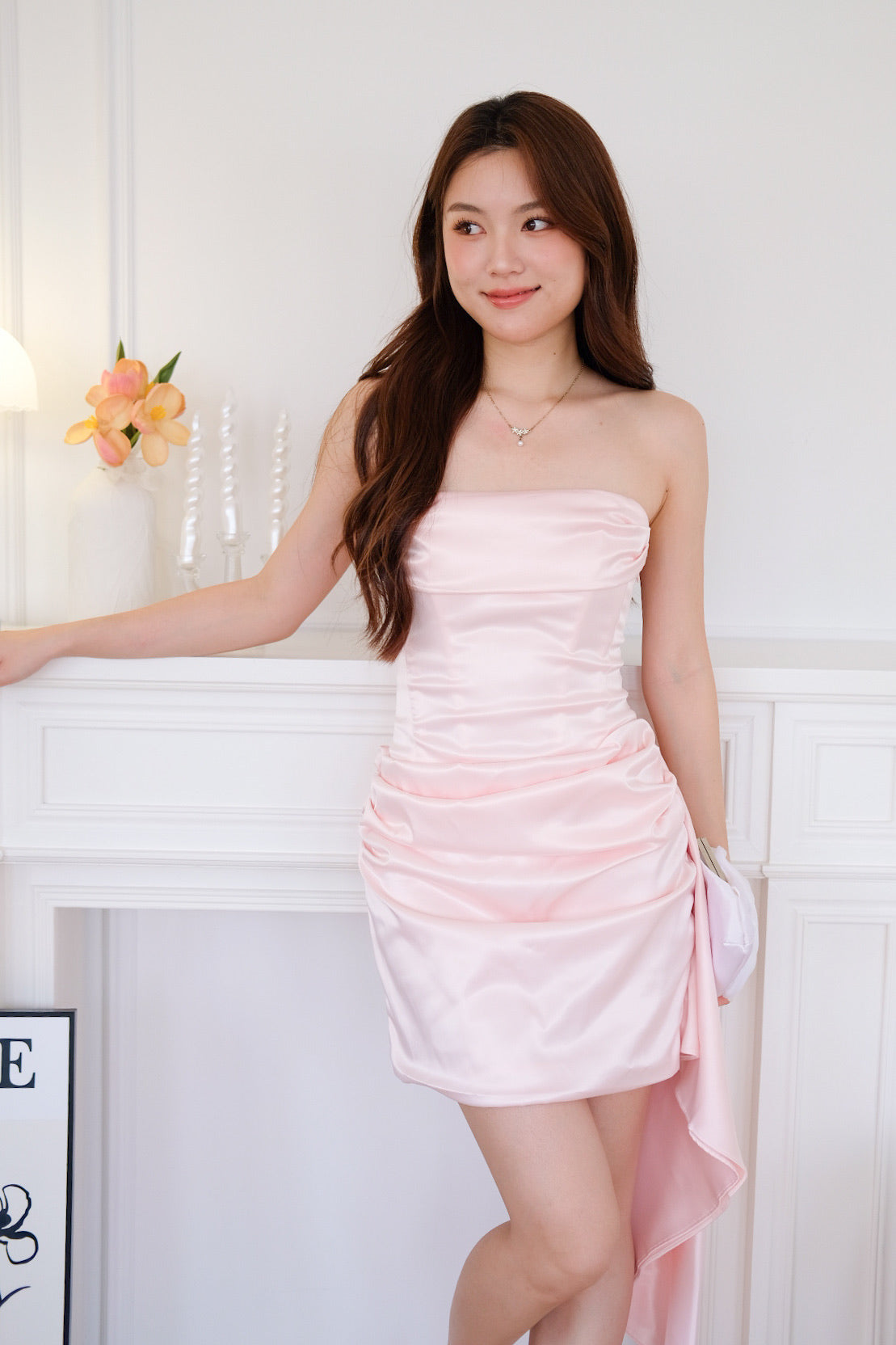 Gabriella Ruched Tube Satin Mini Dress (Light Pink)