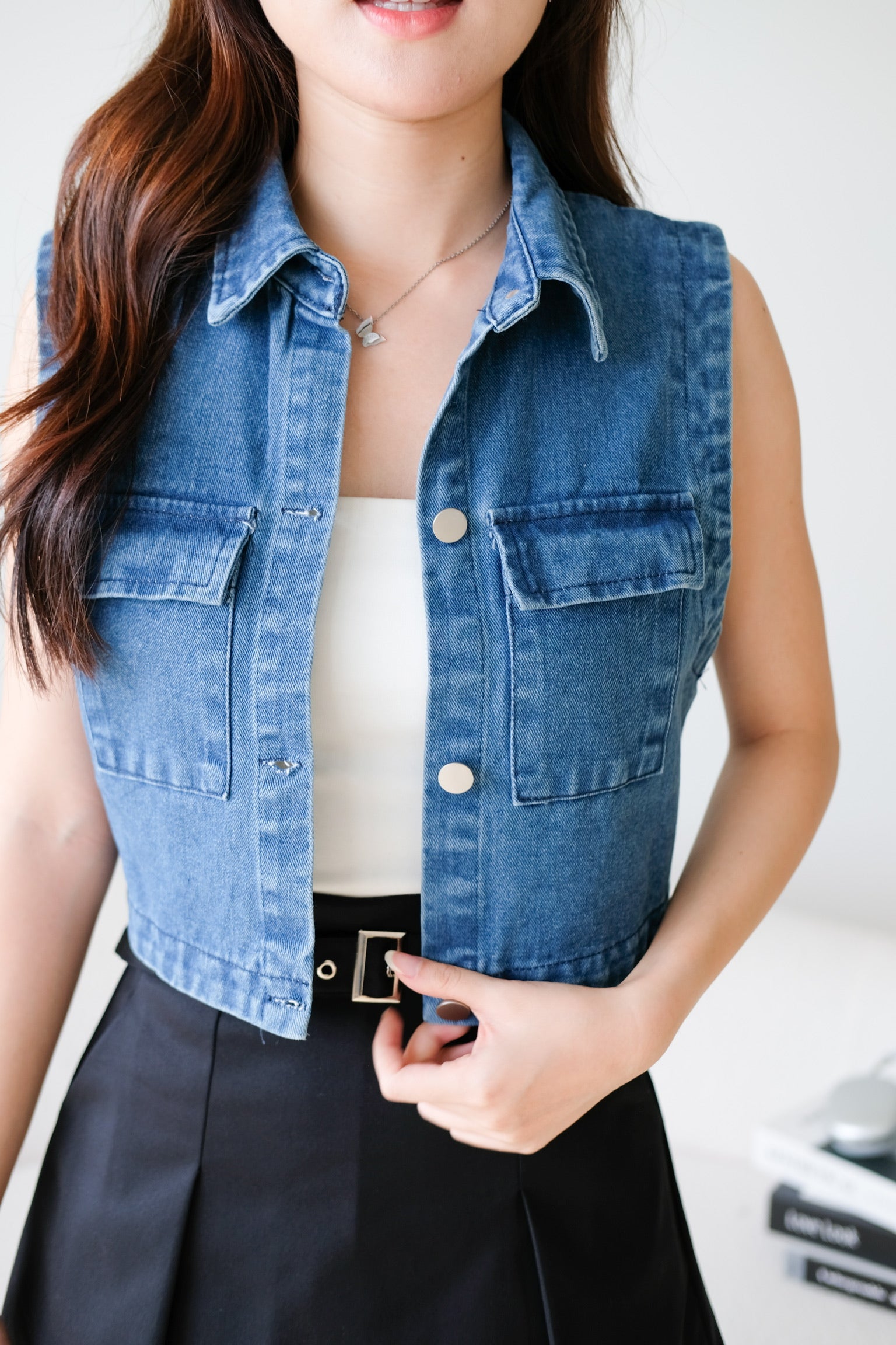 Divine Collared Denim Vest (Medium Blue)