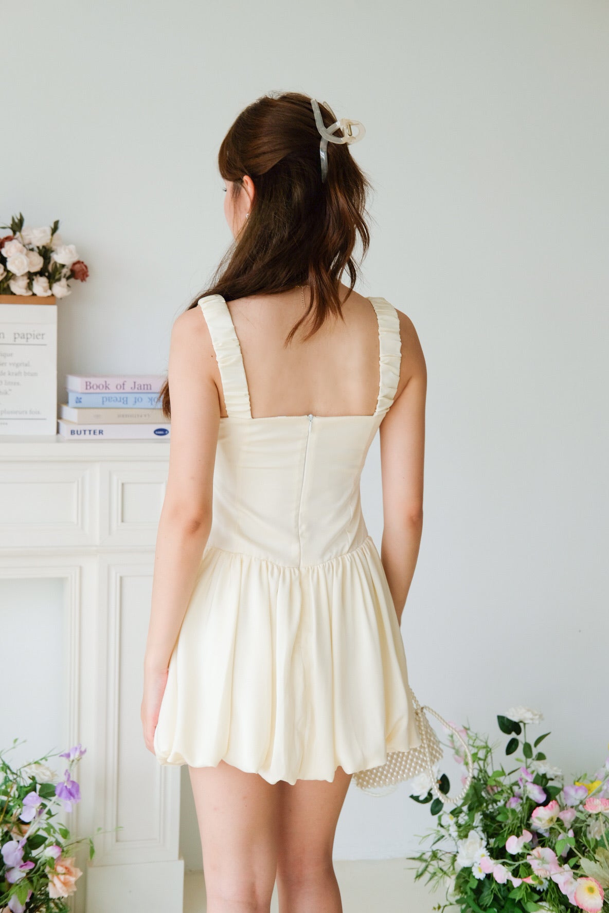 Alesha Ruched Bubble Skater Dress (Pale Yellow)