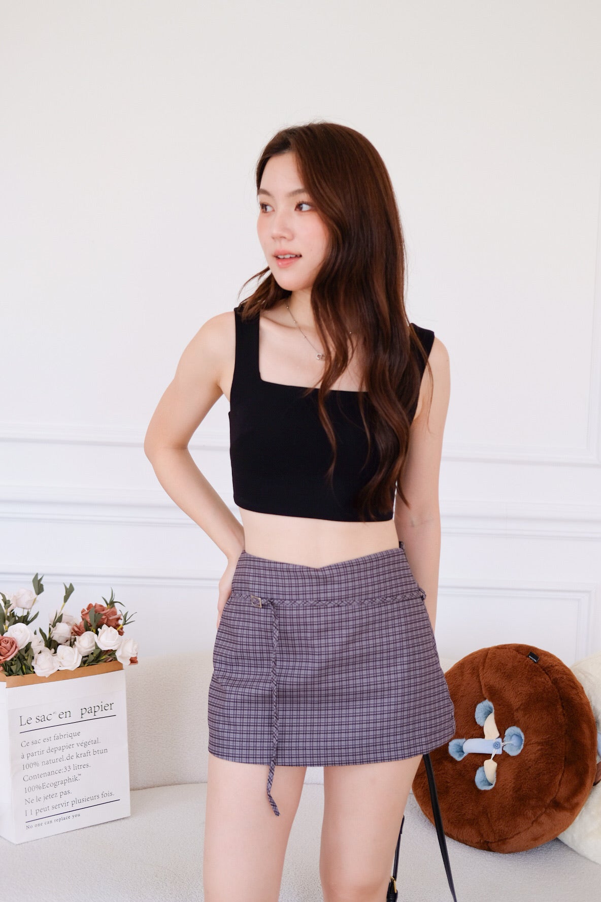 Tasha Mini Belt Skort (Plaid Brown)