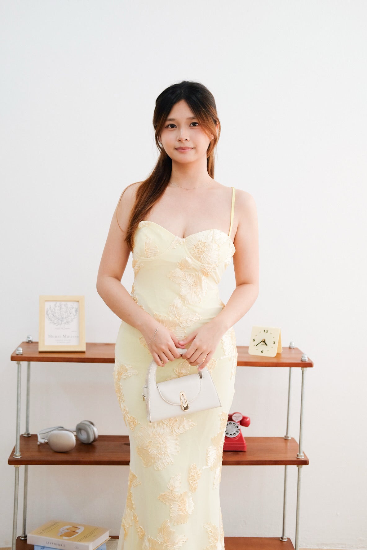 Yellow Floral Embroidered Mesh Maxi Dress