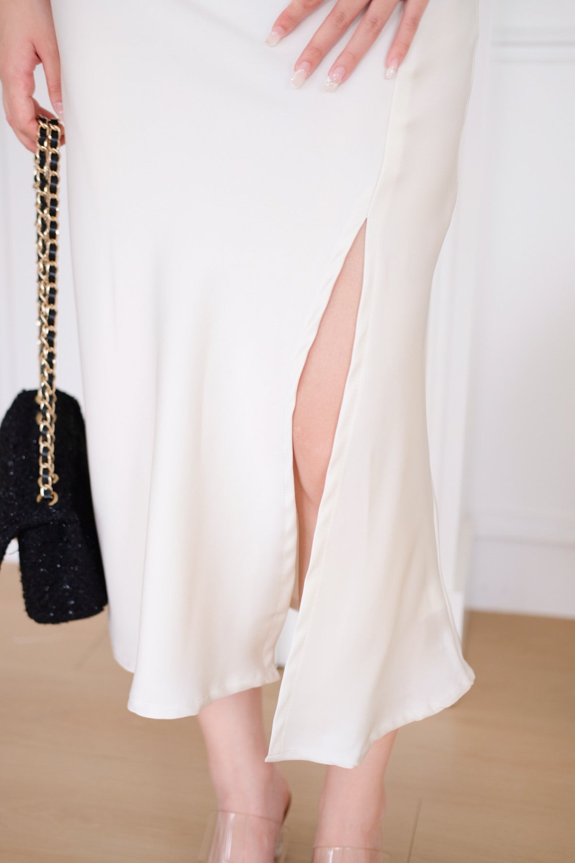 Serena Ruched Mermaid Satin Maxi Dress (Cream)