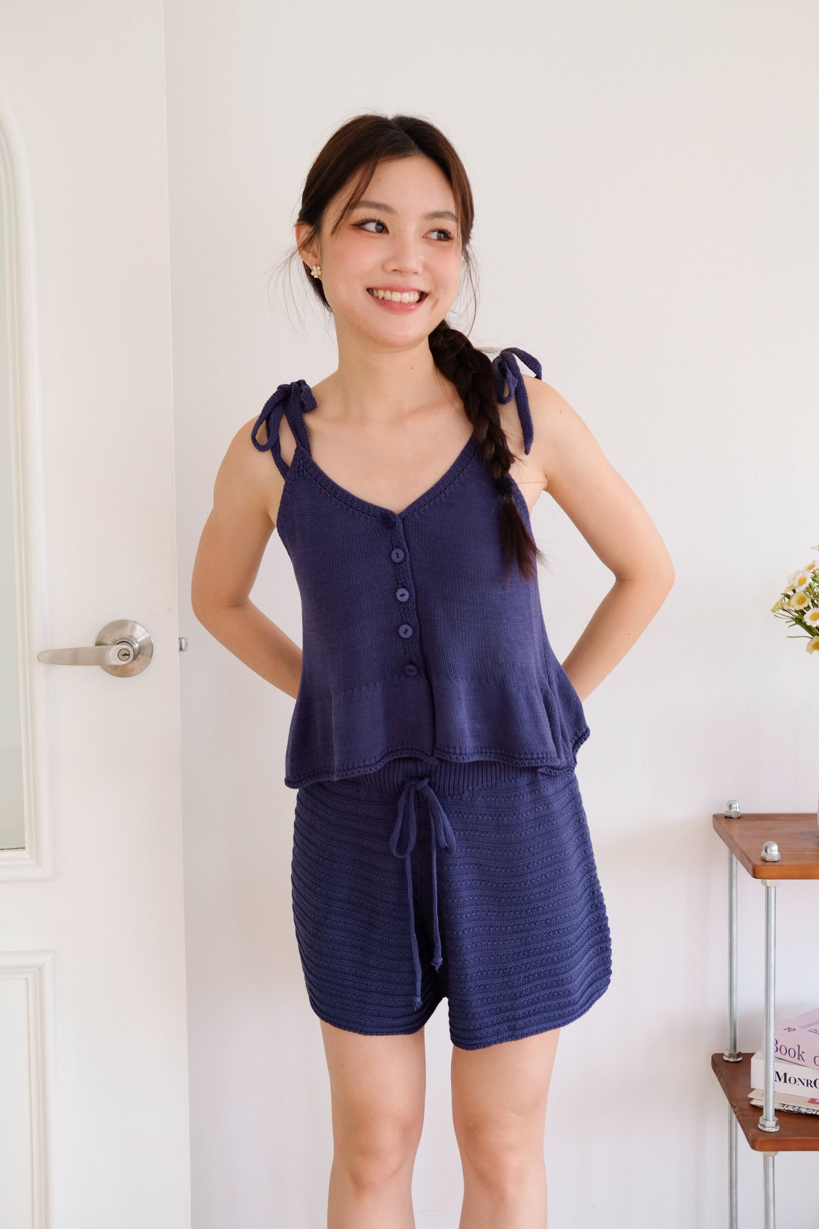 Gracie Self Tie Button Knit Top (Navy Blue)