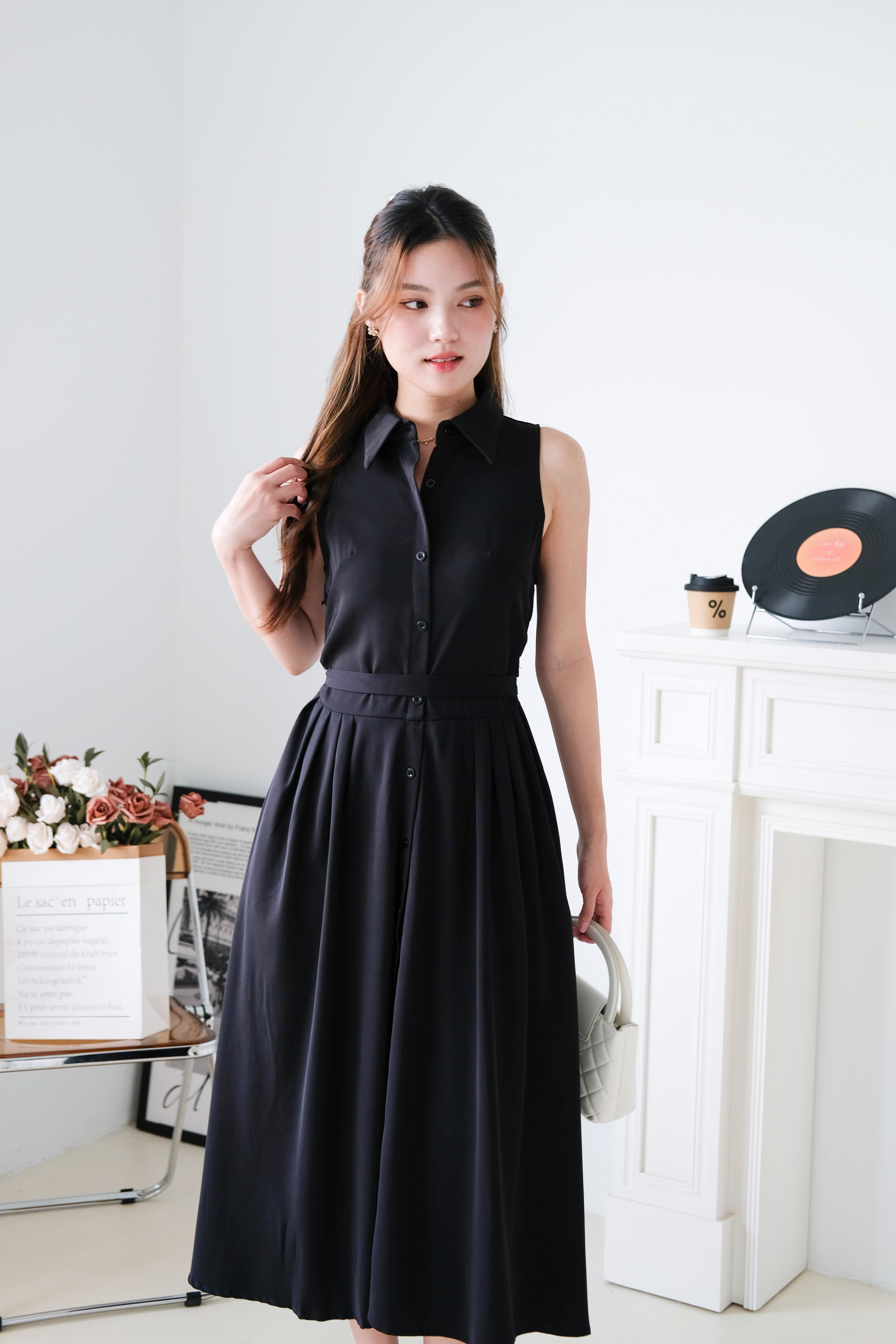 Camille Cinched Waist Collared Maxi Dress (Black)