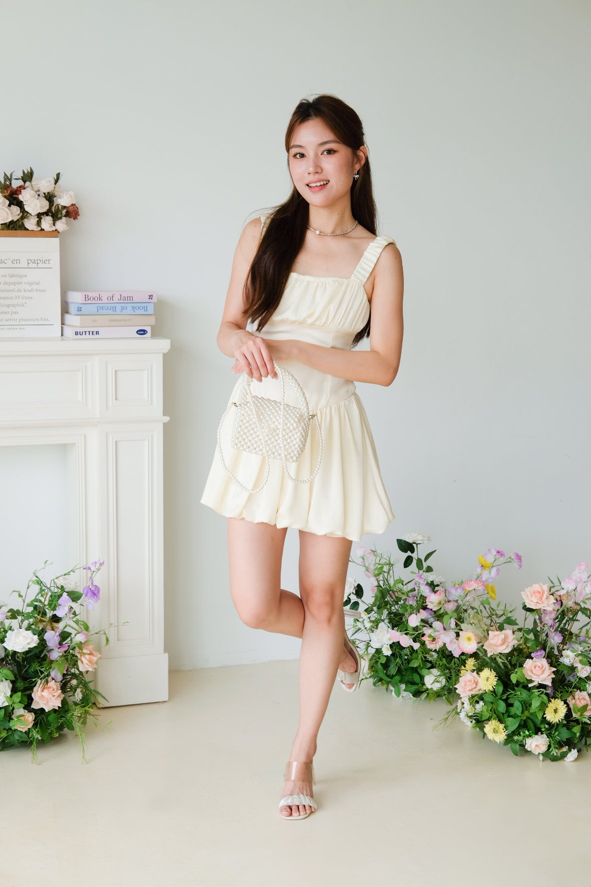 Alesha Ruched Bubble Skater Dress (Pale Yellow)
