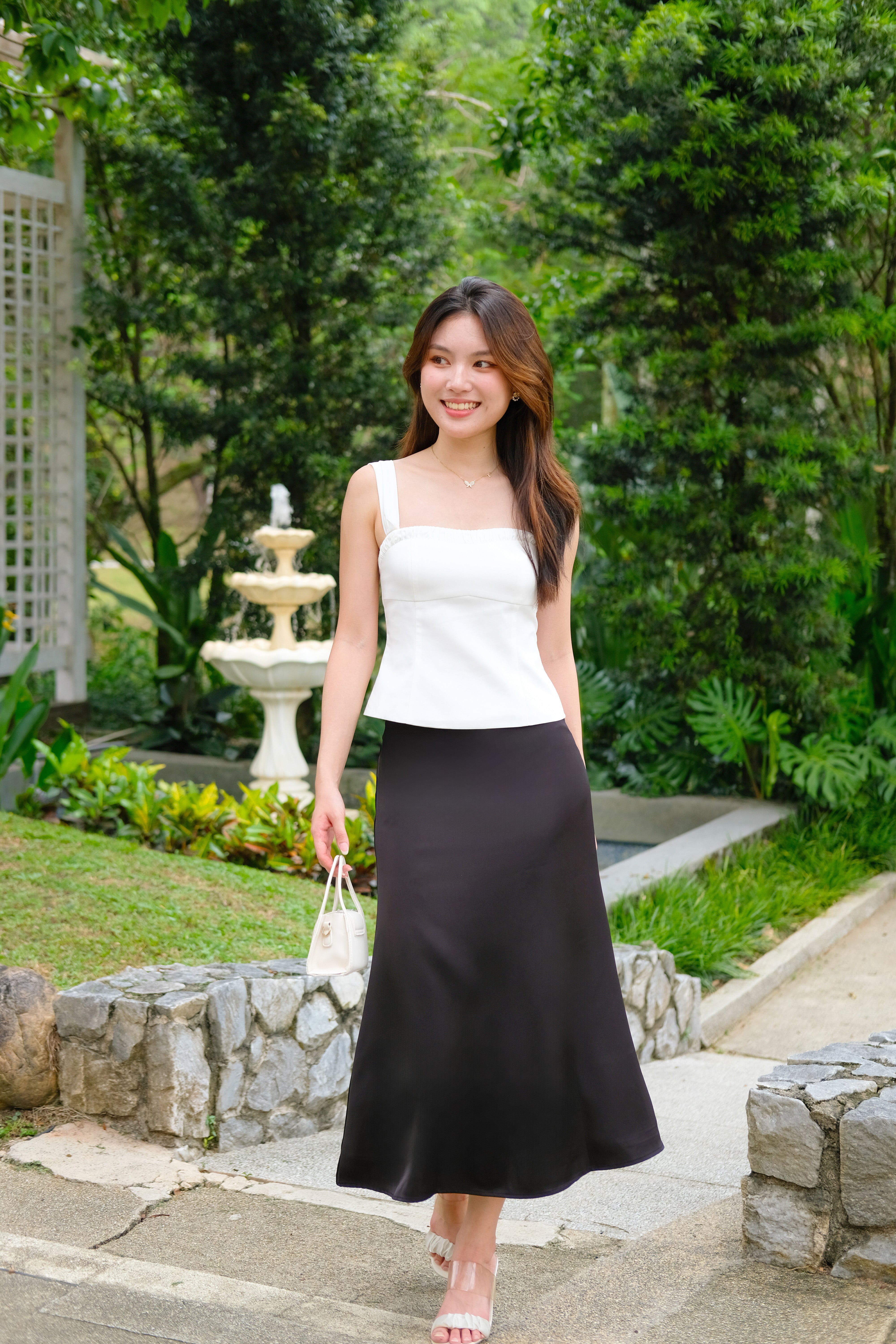 Luna Satin Midi Skirt (Black)