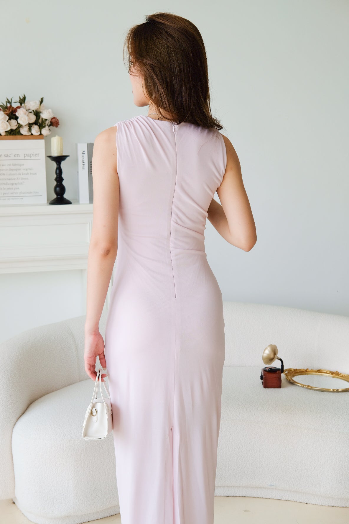 Paisley Ruched Jewel Bodycon Dress (Baby Pink)
