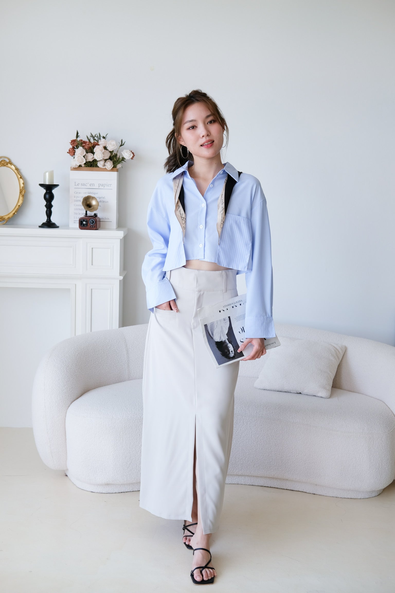 Josie Front Slit Maxi Straight Skirt (Cream)
