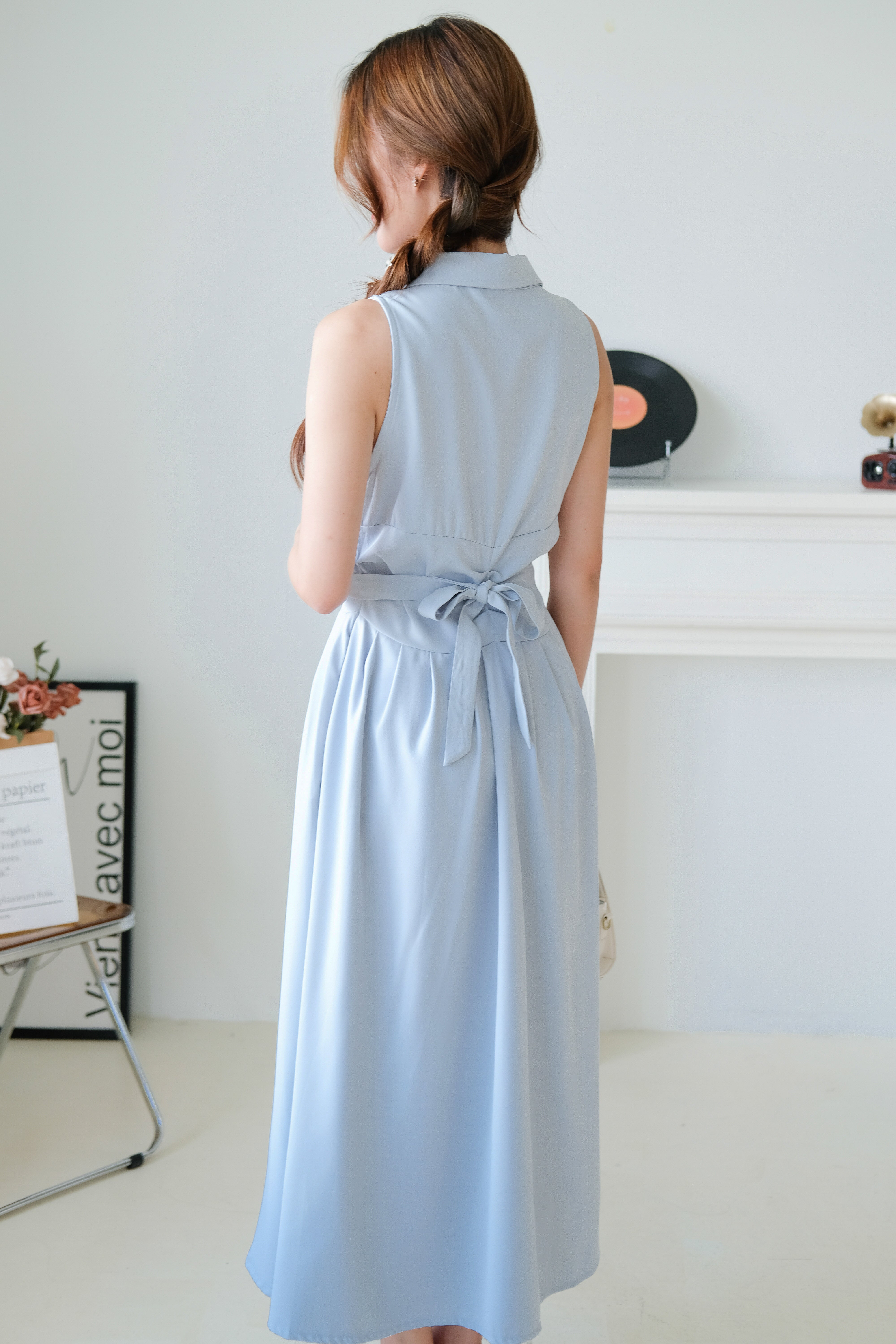 Camille Cinched Waist Collared Maxi Dress (Dusty Blue)