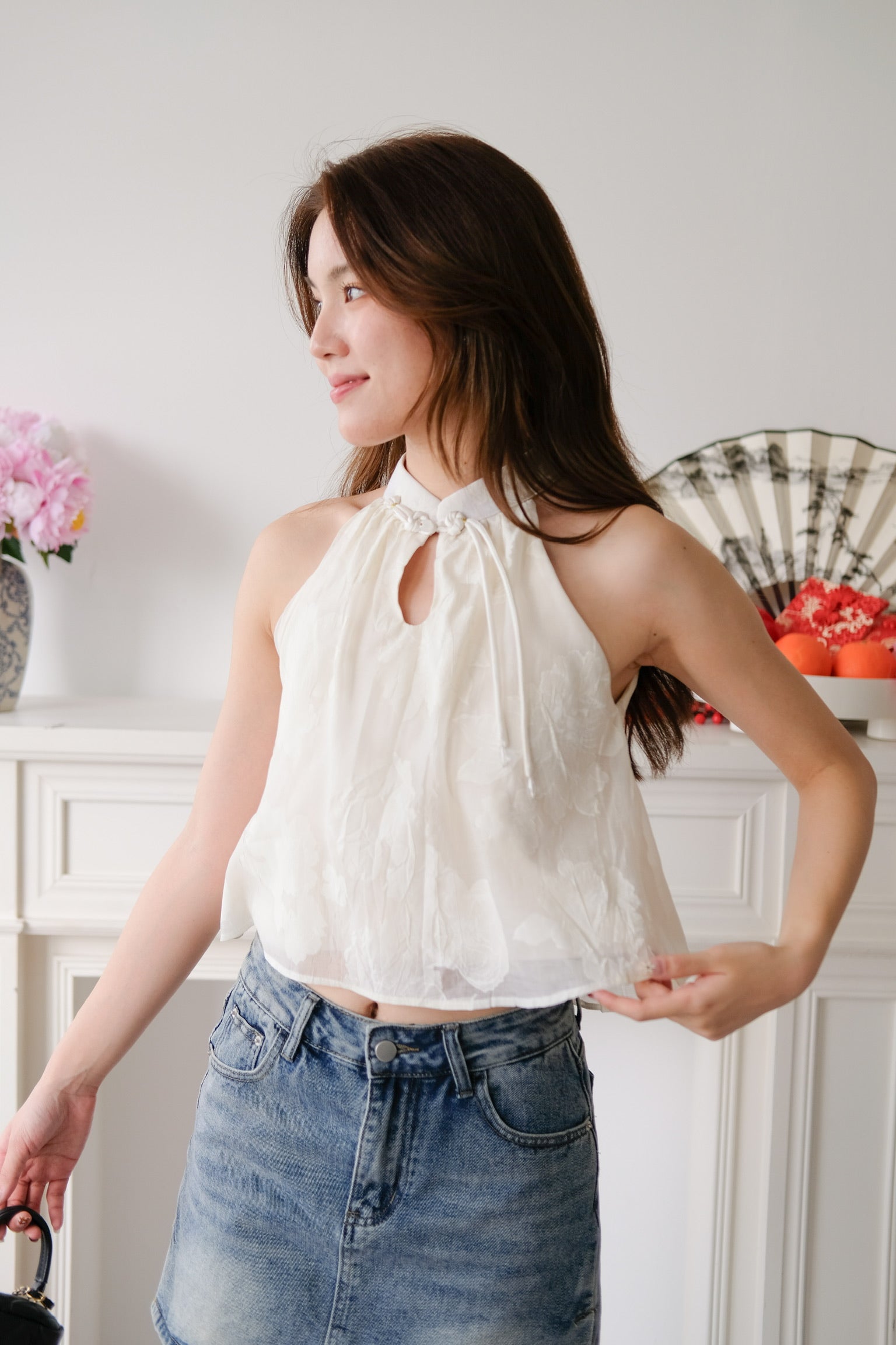 Chu Ran Floral Organza Cheongsam Top (Cream)