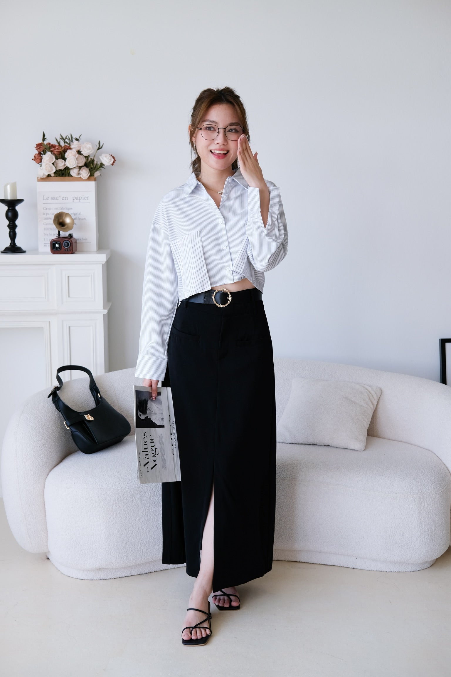 Rora Oversized Stripes Cropped Blouse (White)